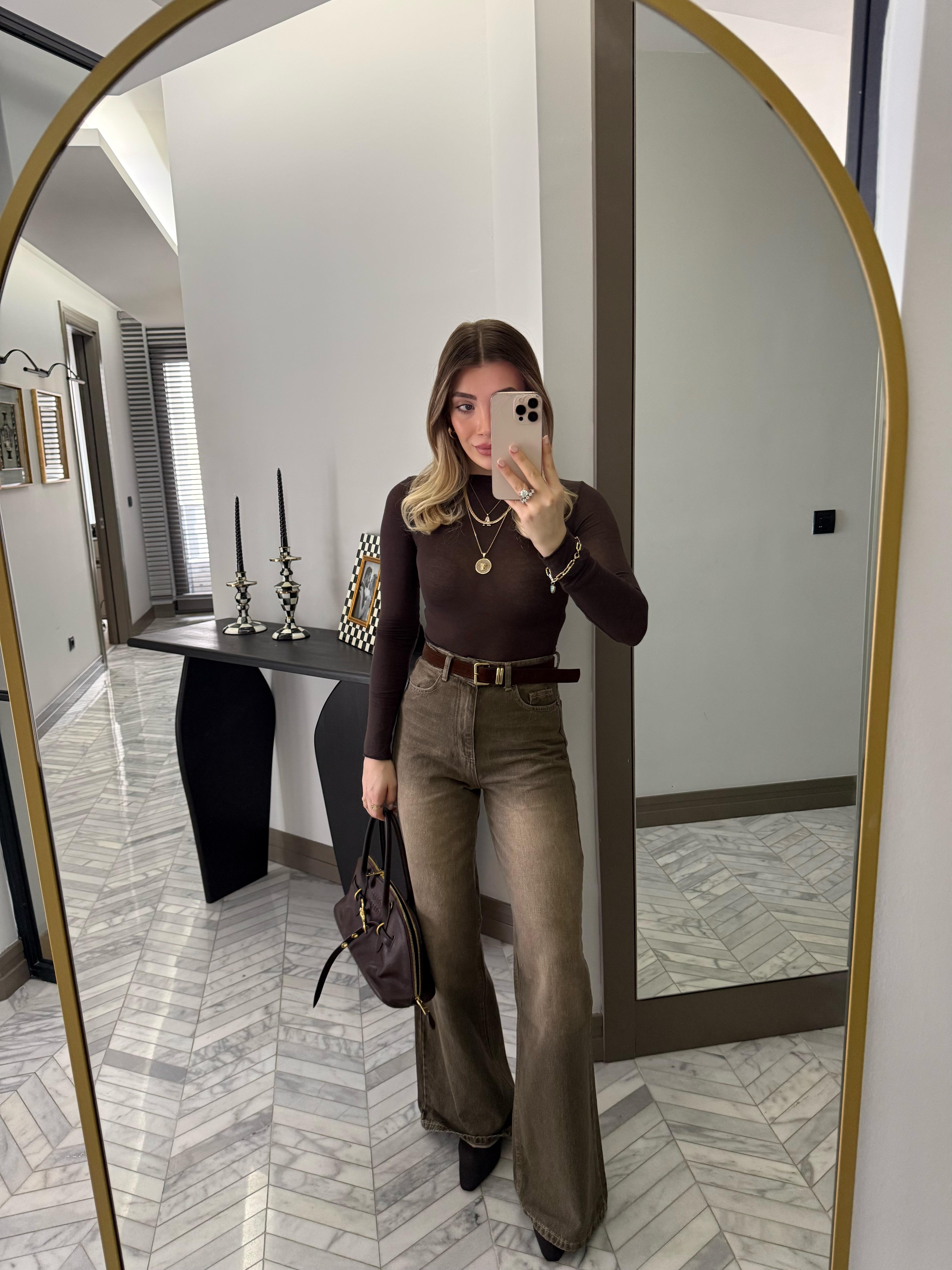 Haki  Kemerli Denim Palazzo Jean-1021