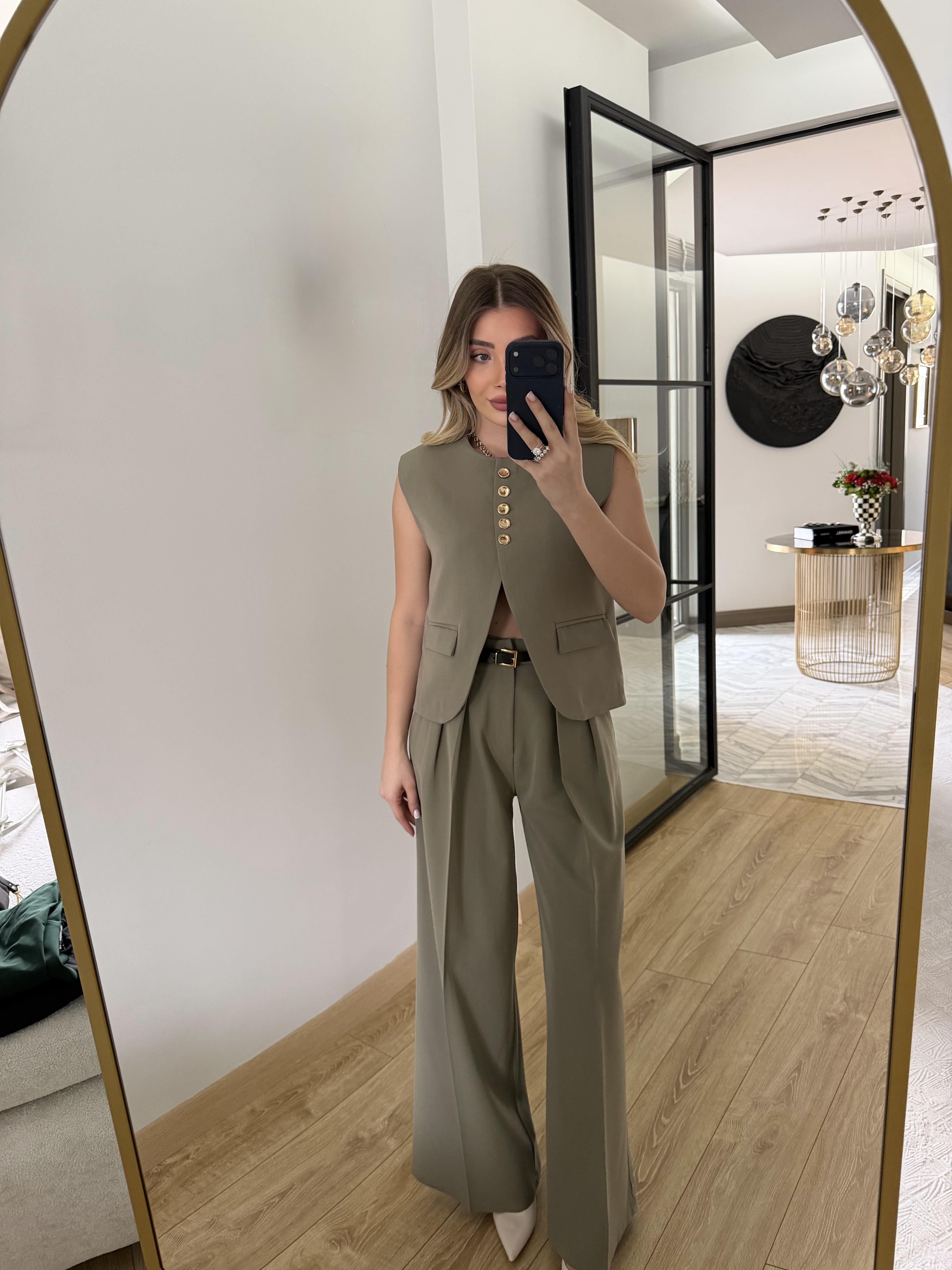 Haki Kemerli Yelek Pantolon Takım-9716