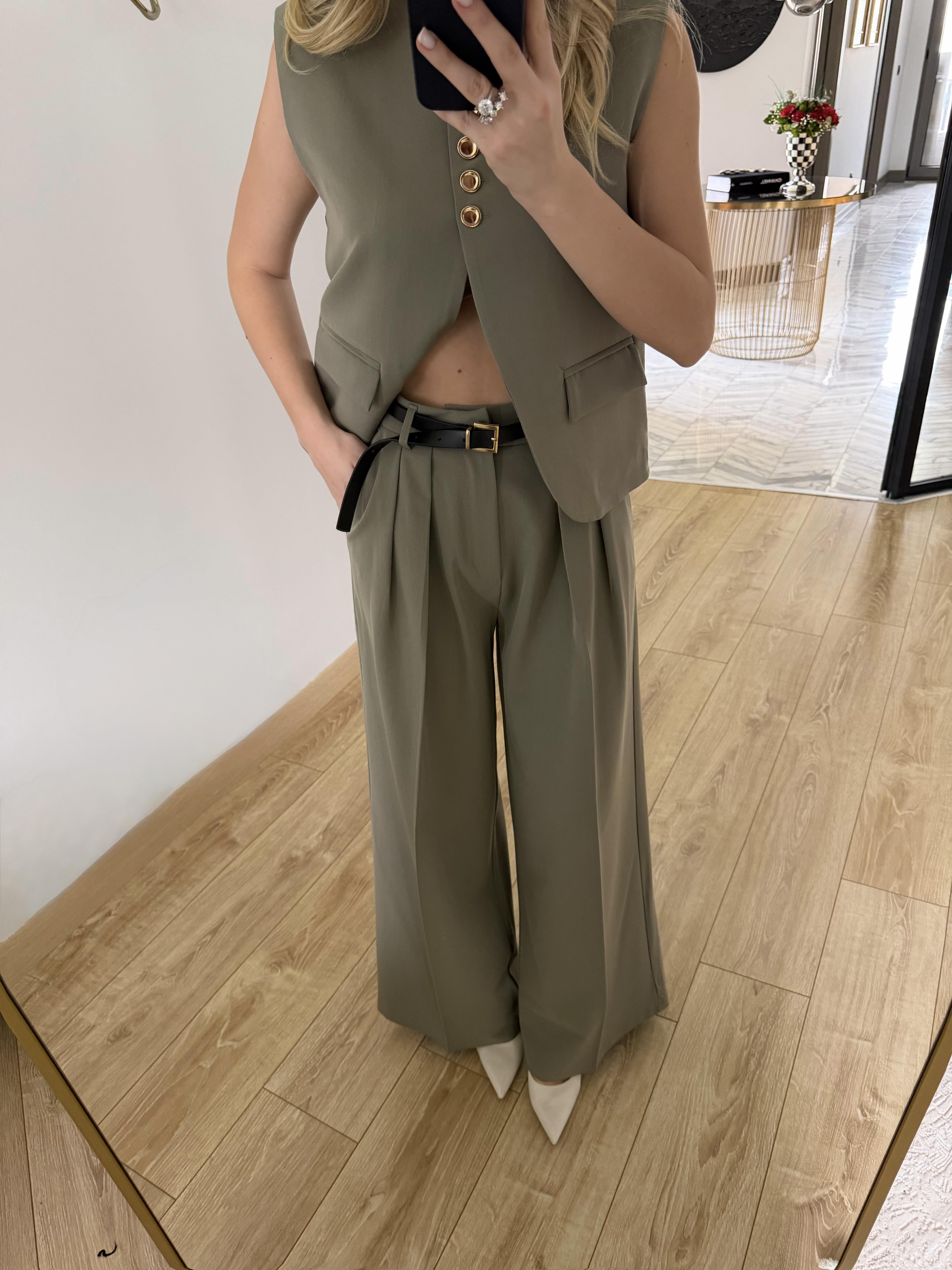 Haki Kemerli Yelek Pantolon Takım-9716