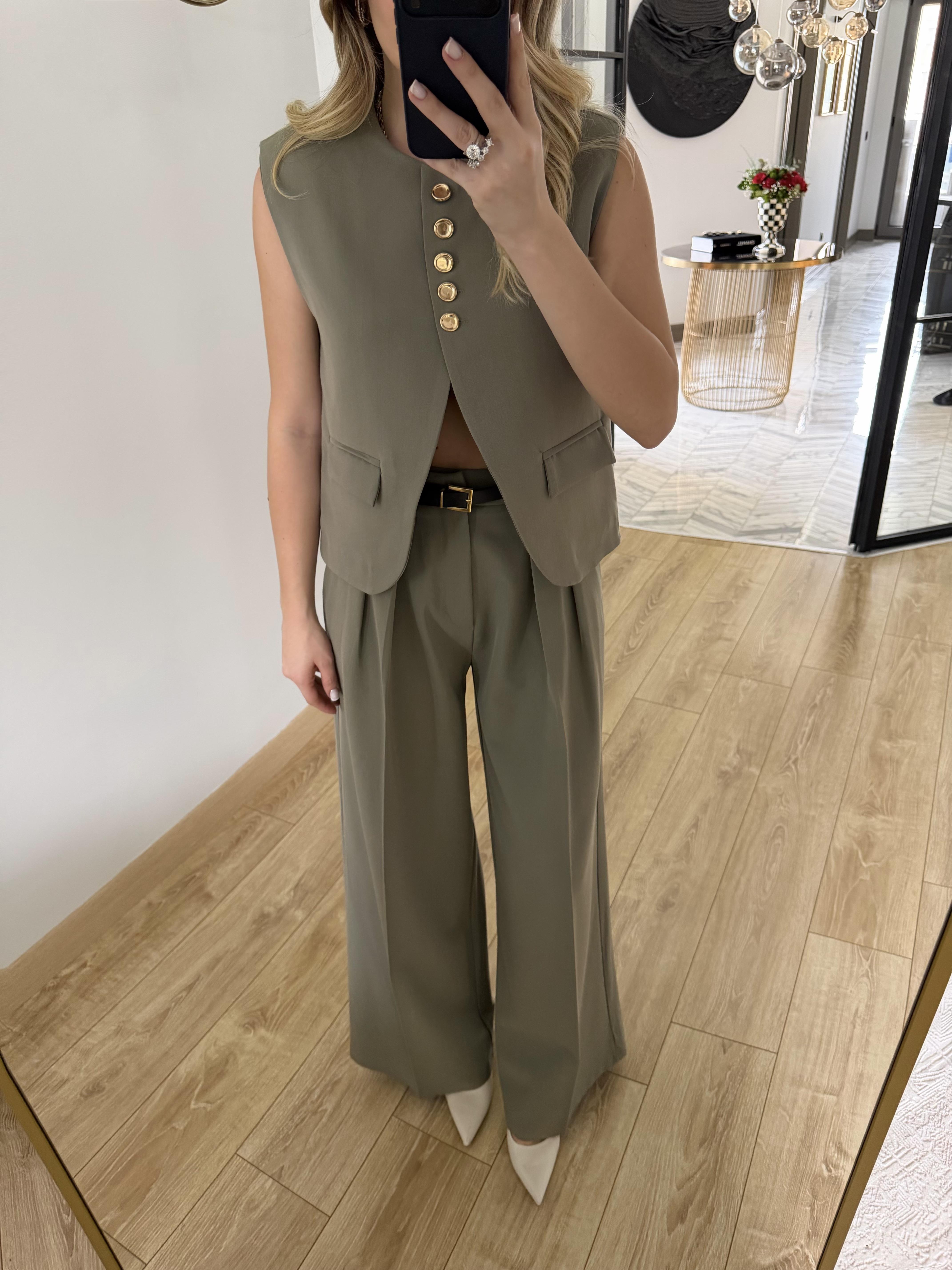 Haki Kemerli Yelek Pantolon Takım-9716