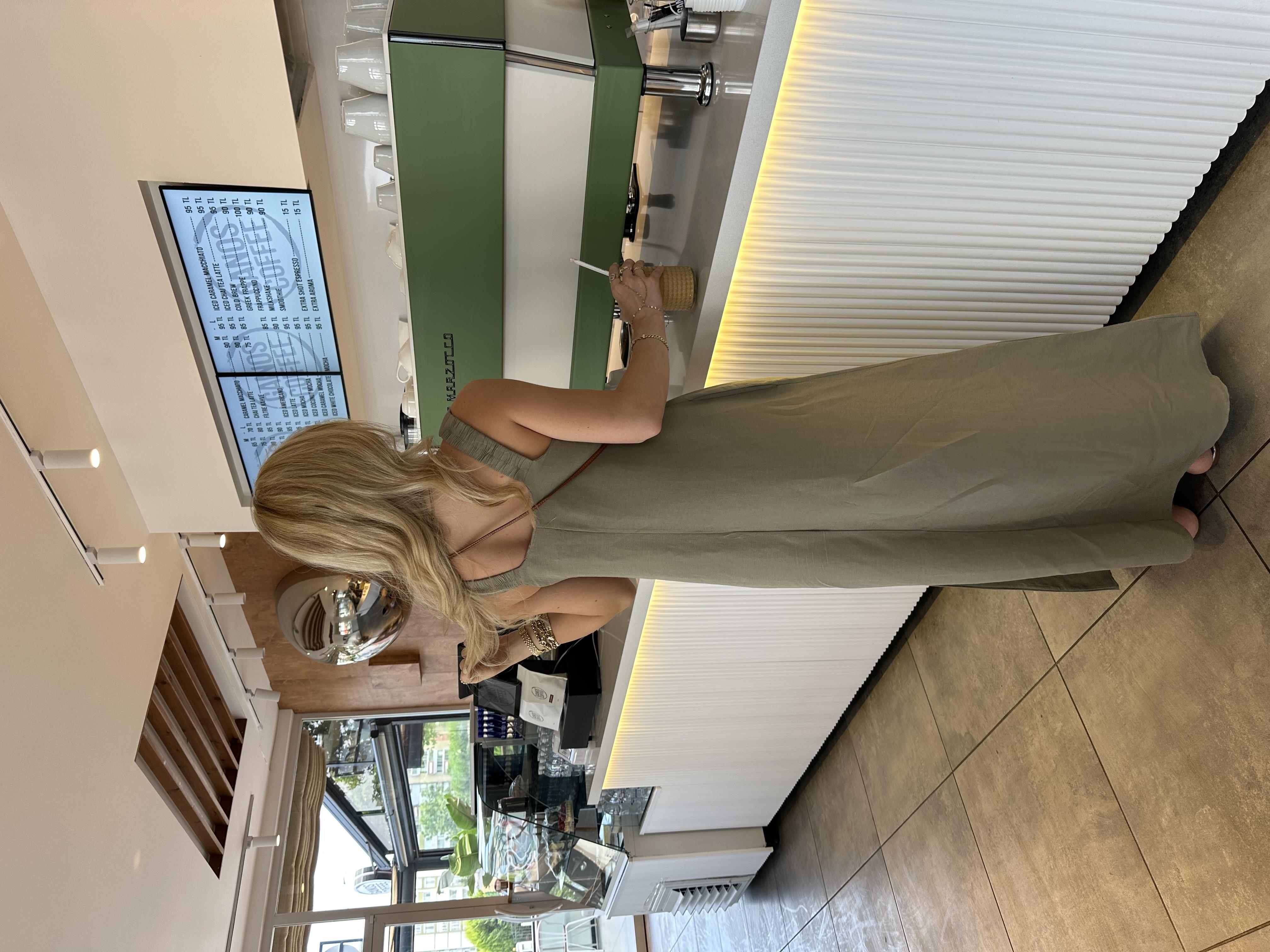 Haki Lastik Askılı Maxi Boy Ham Keten Elbise