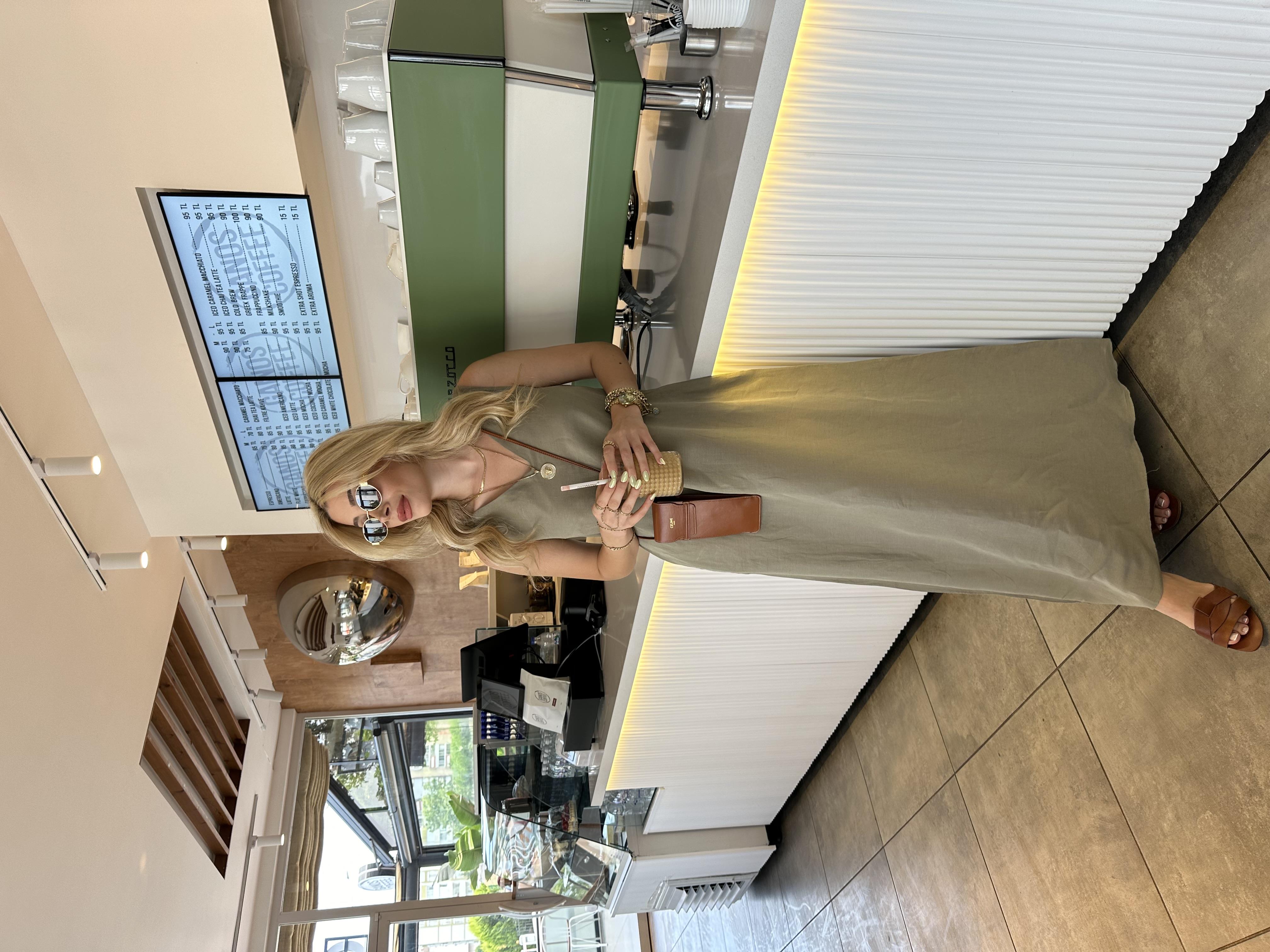 Haki Lastik Askılı Maxi Boy Ham Keten Elbise