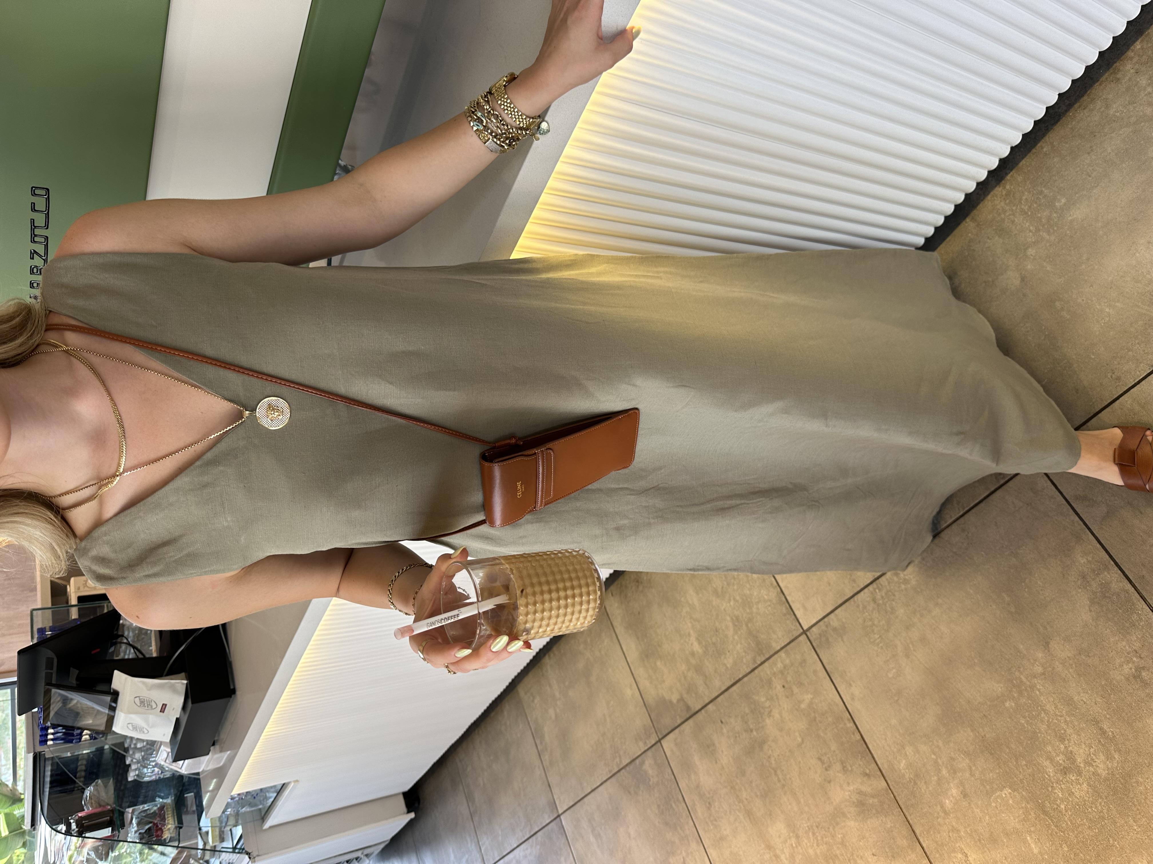 Haki Lastik Askılı Maxi Boy Ham Keten Elbise