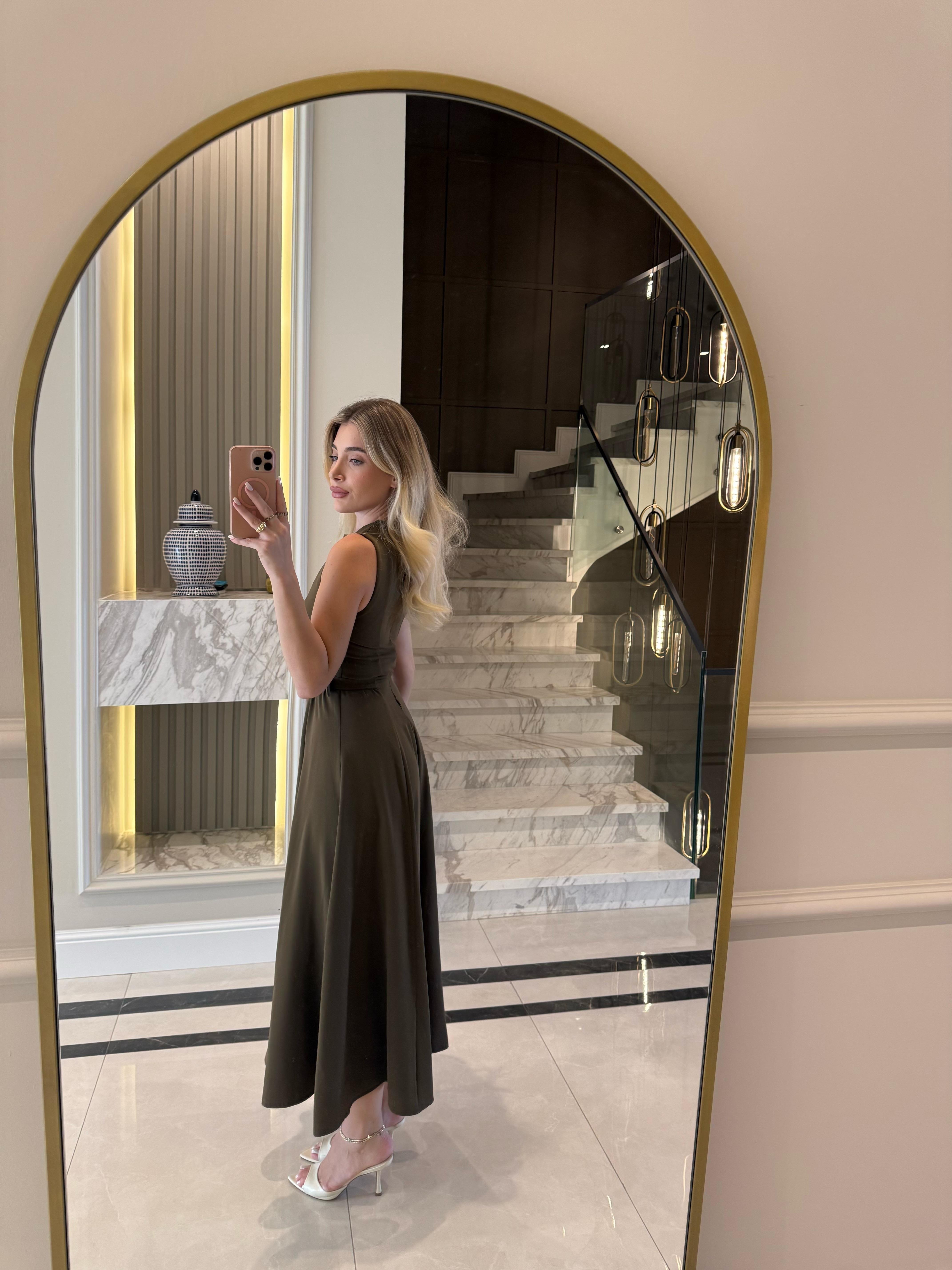 Haki Parçalı Kemer Detaylı Elbise