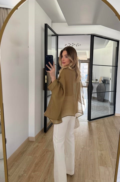 Haki Uçuşan Pelerin Bluz-5026