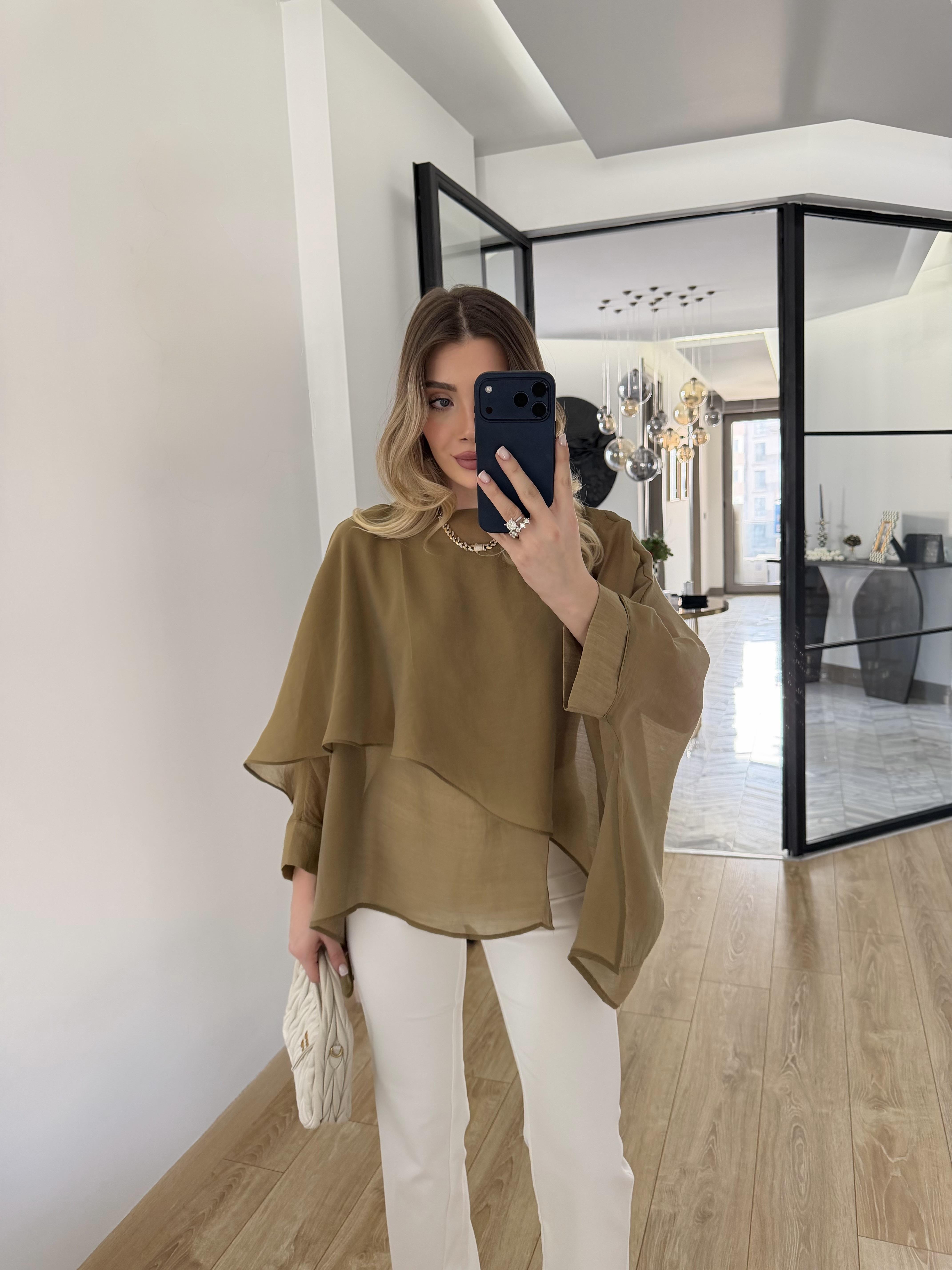 Haki Uçuşan Pelerin Bluz-5026