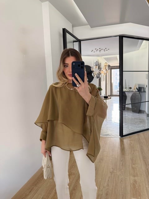 Haki Uçuşan Pelerin Bluz-5026