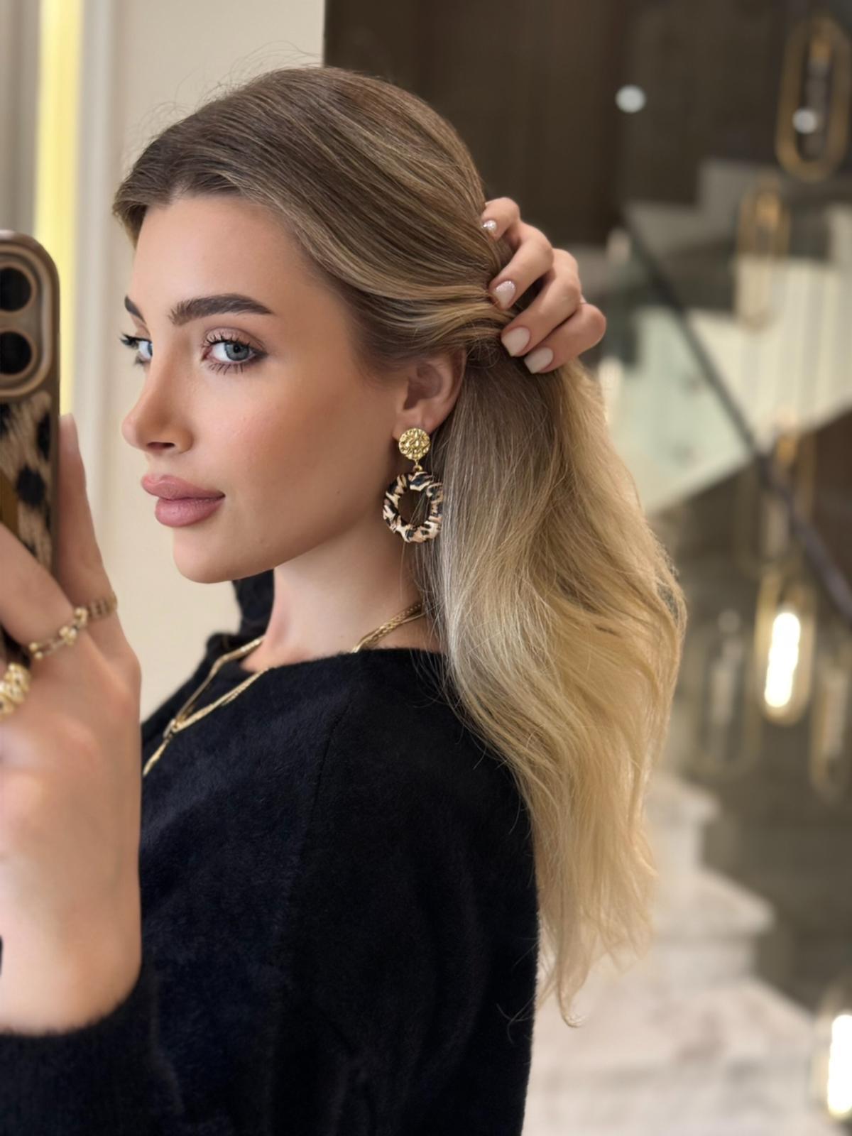 Halka Leopar Desen Deri Kaplamalı Gold Küpe 