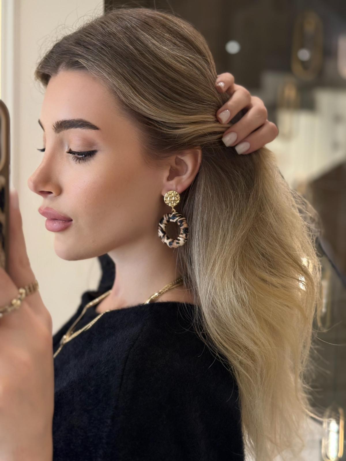 Halka Leopar Desen Deri Kaplamalı Gold Küpe 