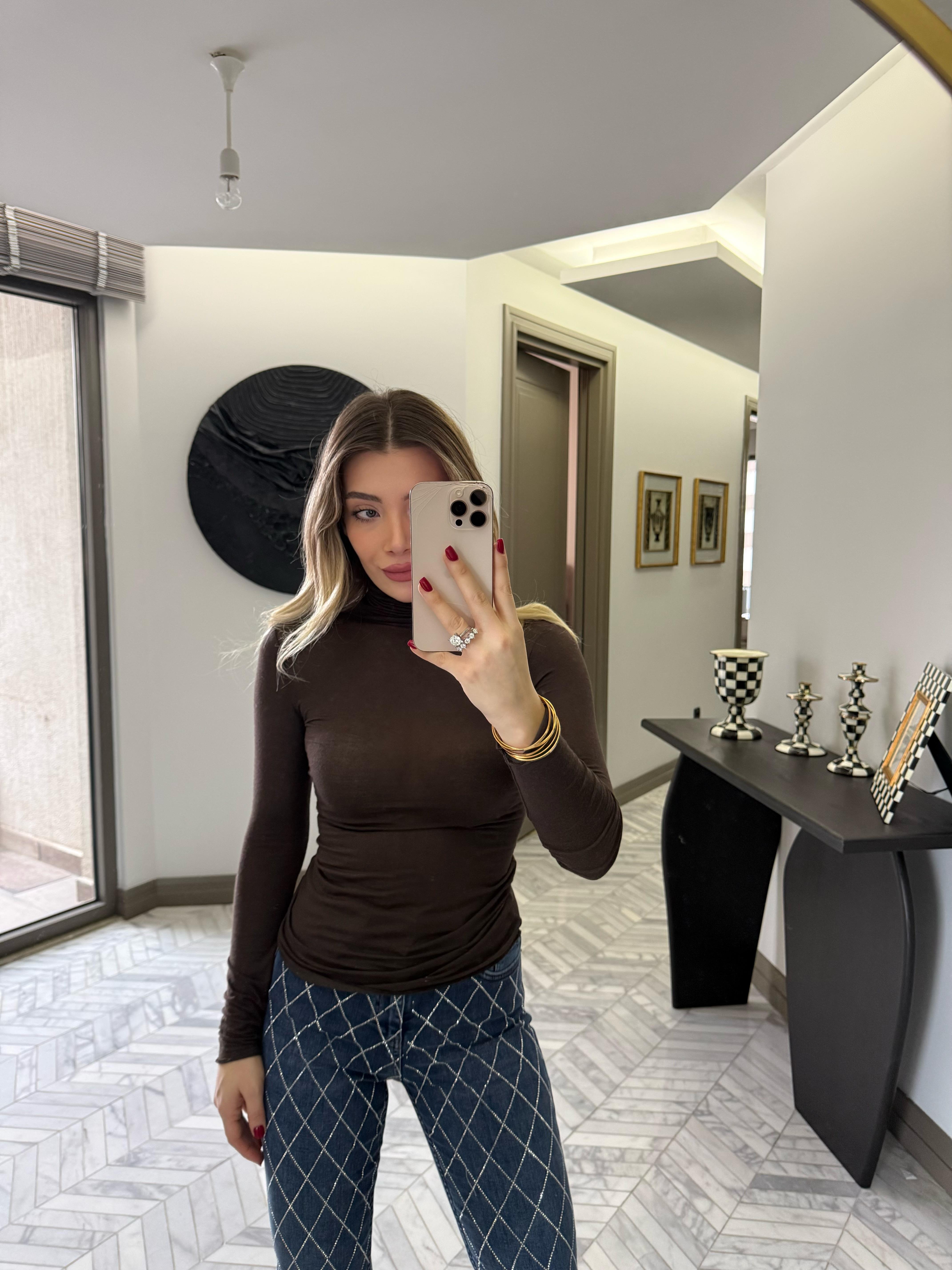 Kahve Balıkçı Yaka Kaşmir Bluz-32277