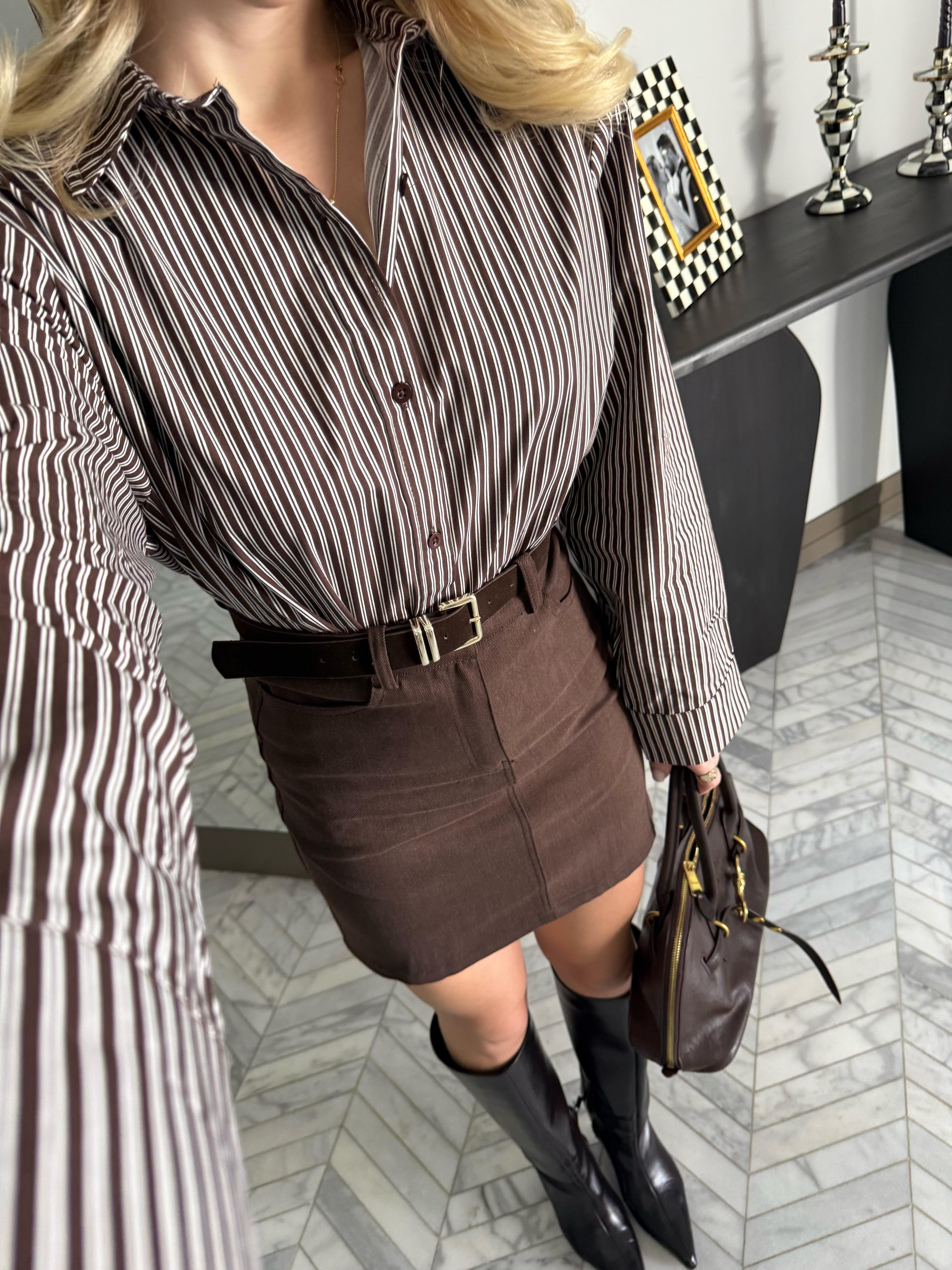 Kahve Çizgili Oversize Gömlek-37116