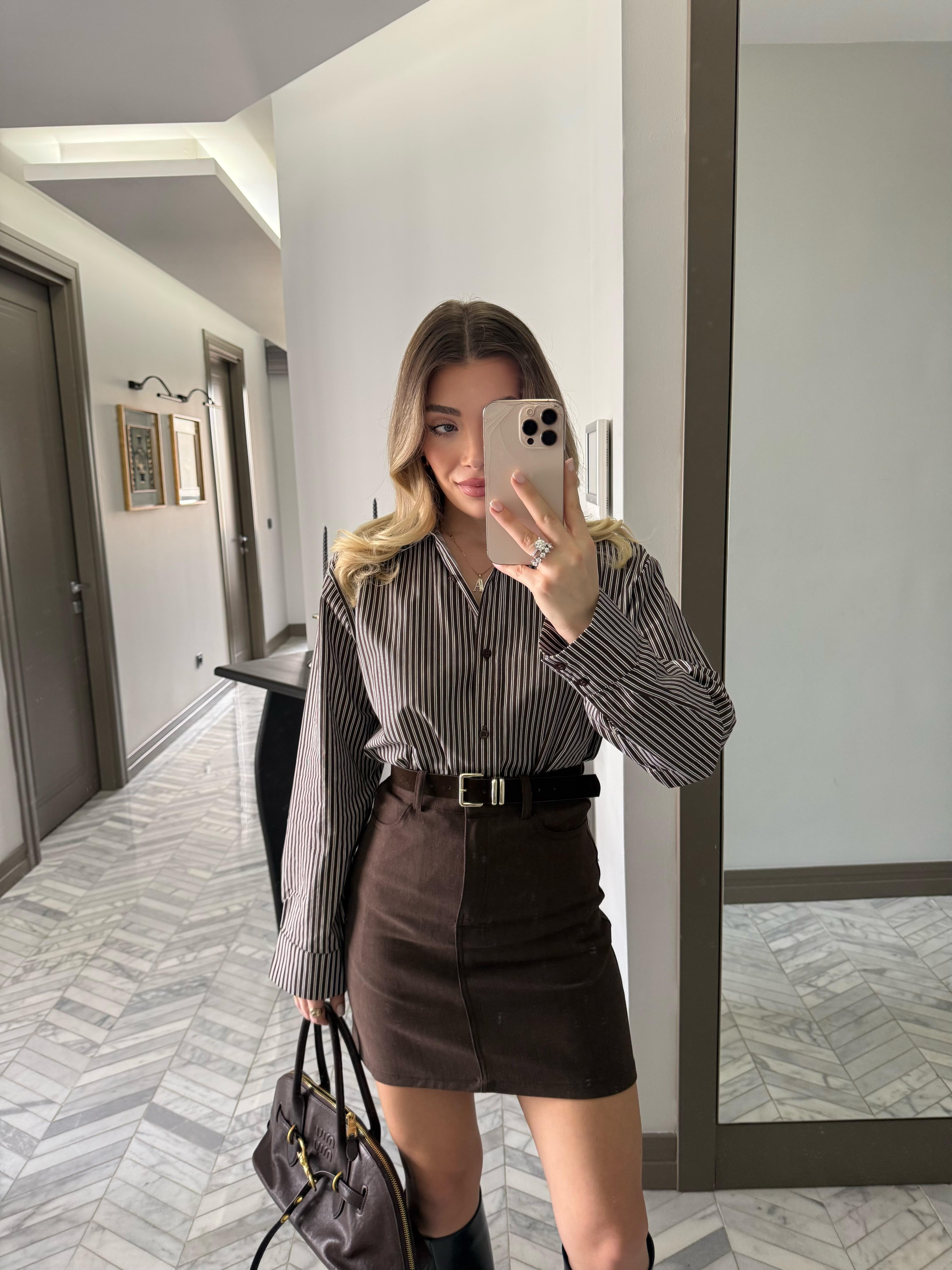 Kahve Çizgili Oversize Gömlek-37116