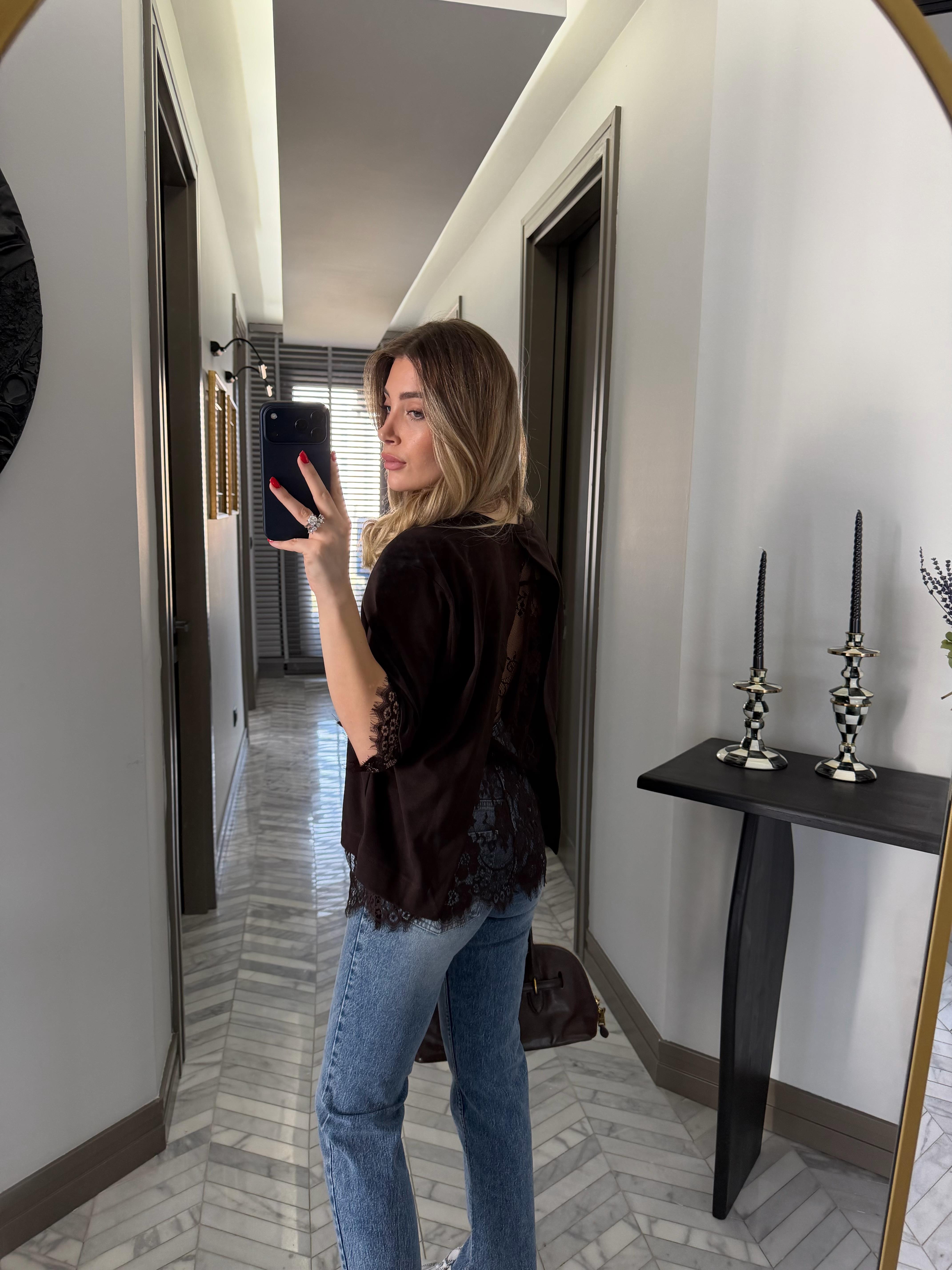Kahve Dantel Detaylı Tasarım Bluz-4120