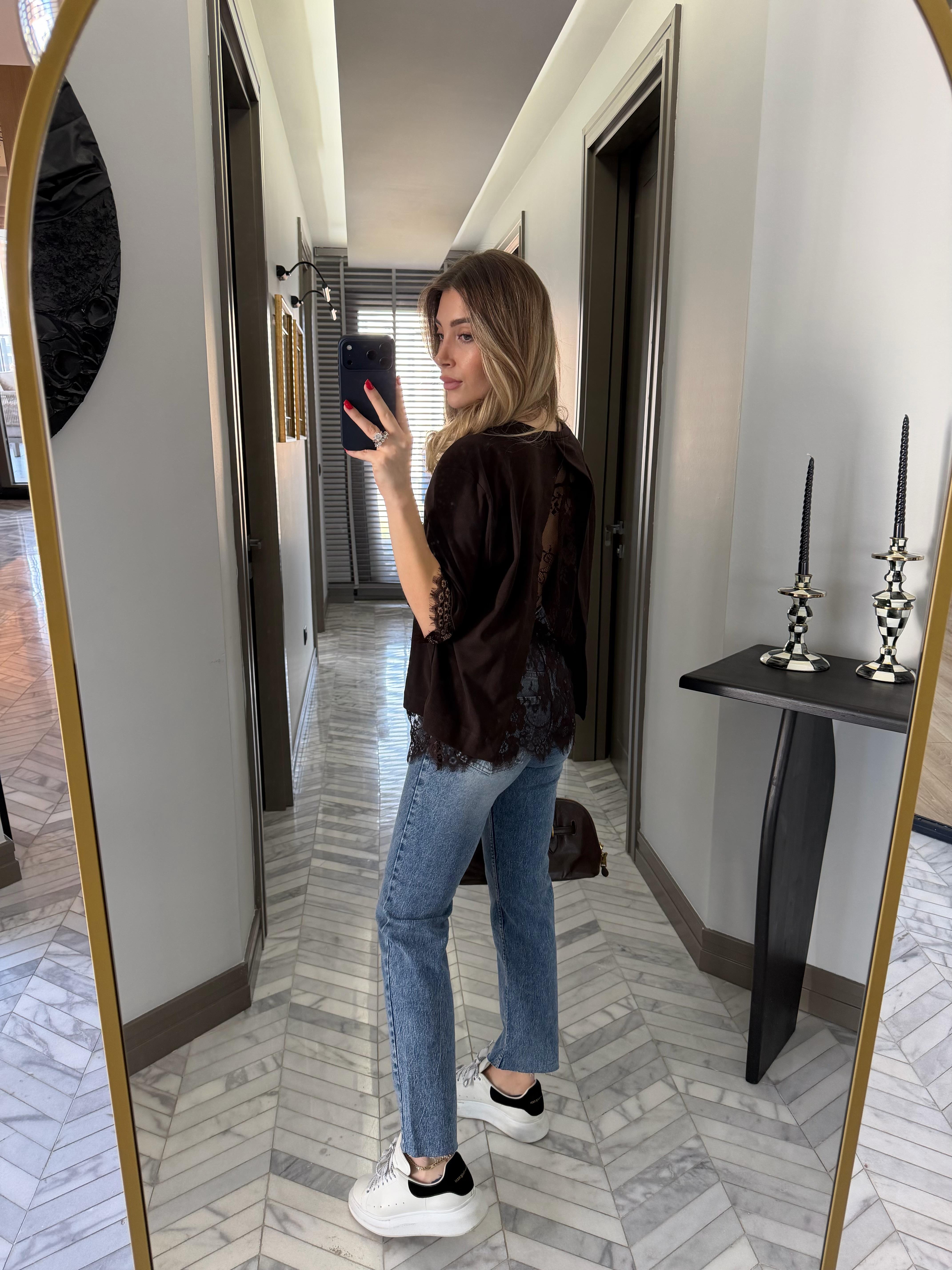 Kahve Dantel Detaylı Tasarım Bluz-4120
