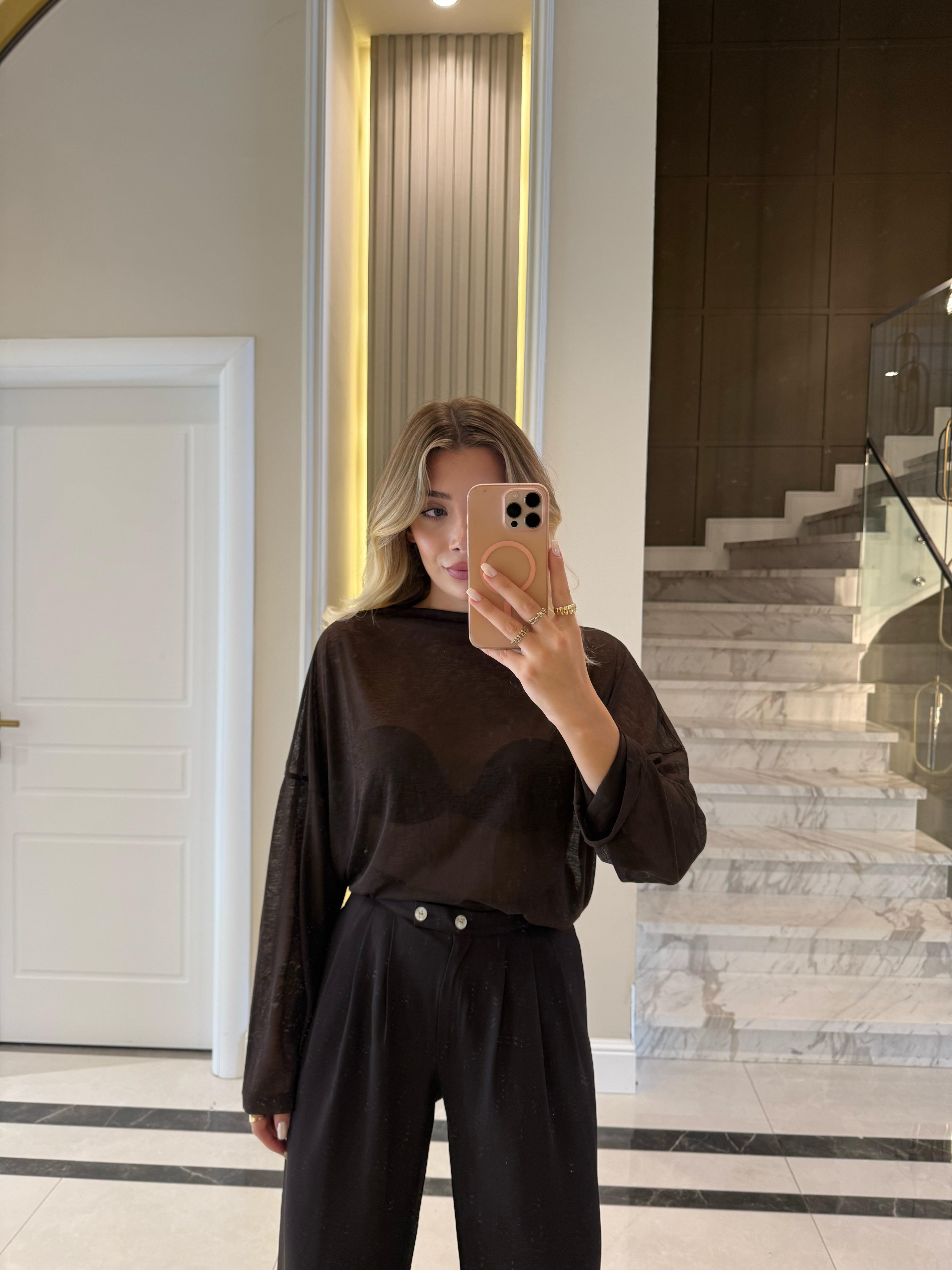 Kahve Dik Yaka Transparan Bluz-70230