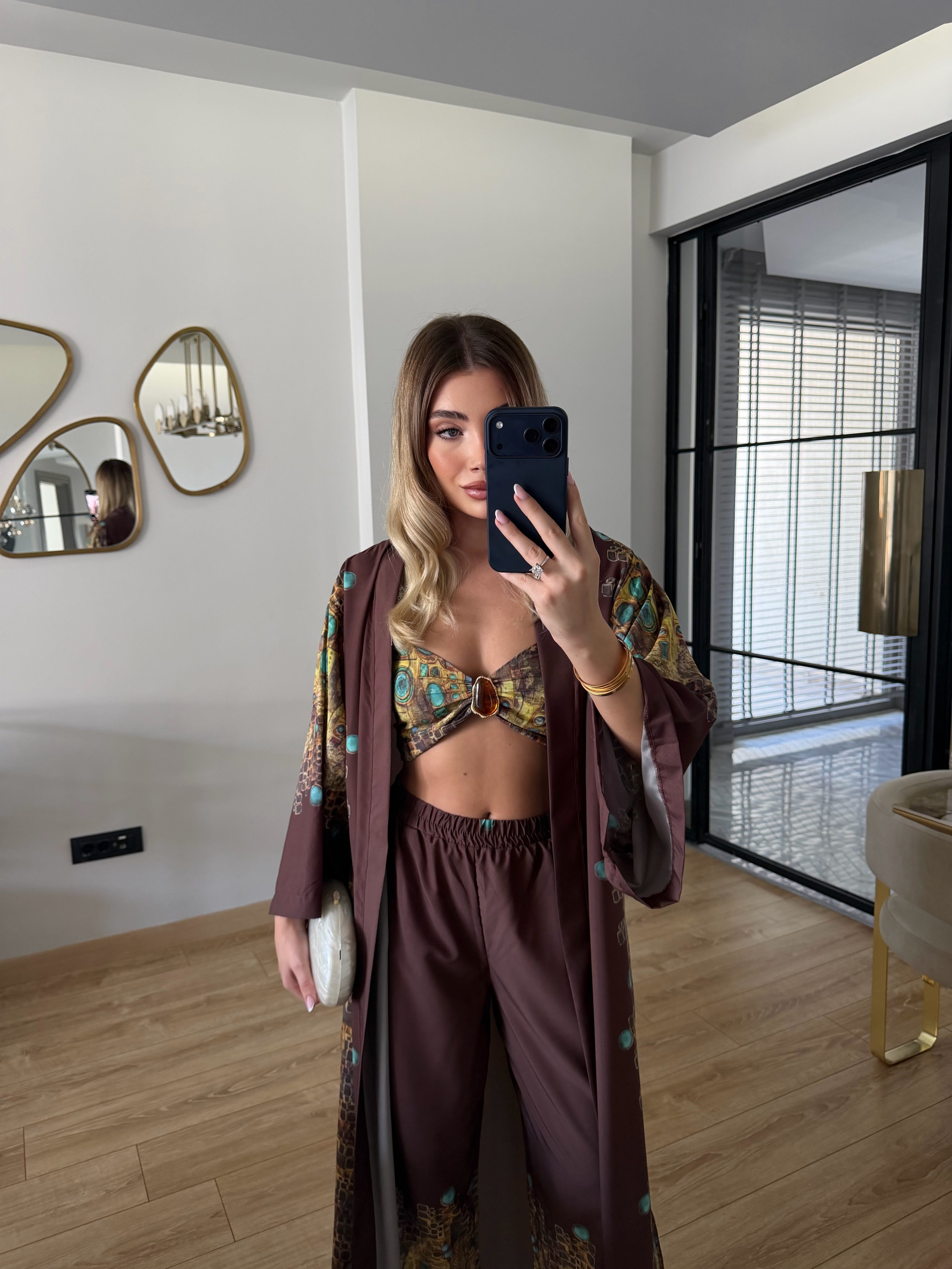 Kahve Etnik Desenli Croplu Takım