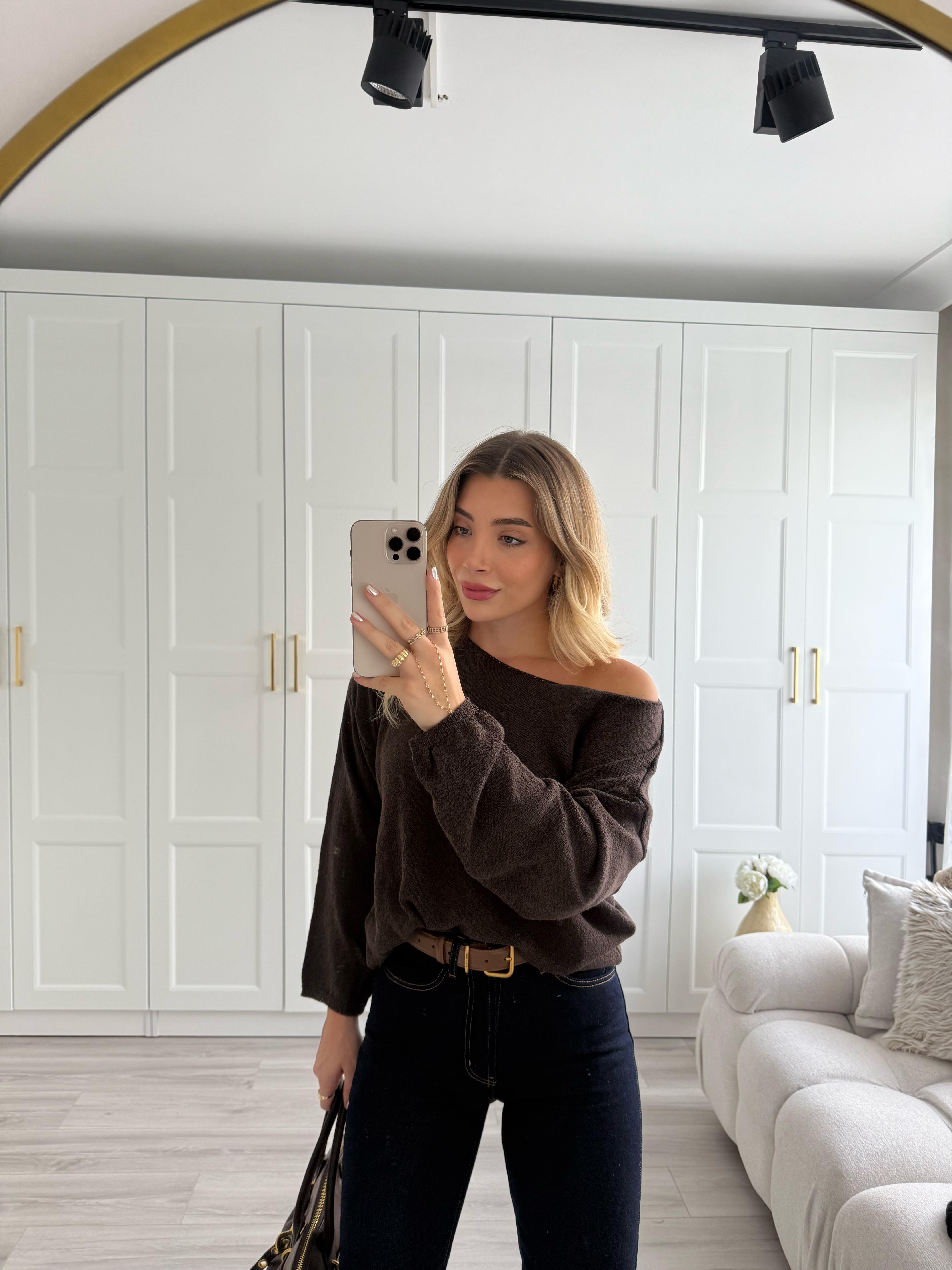 Kahve Kayık Yaka Merserize Triko