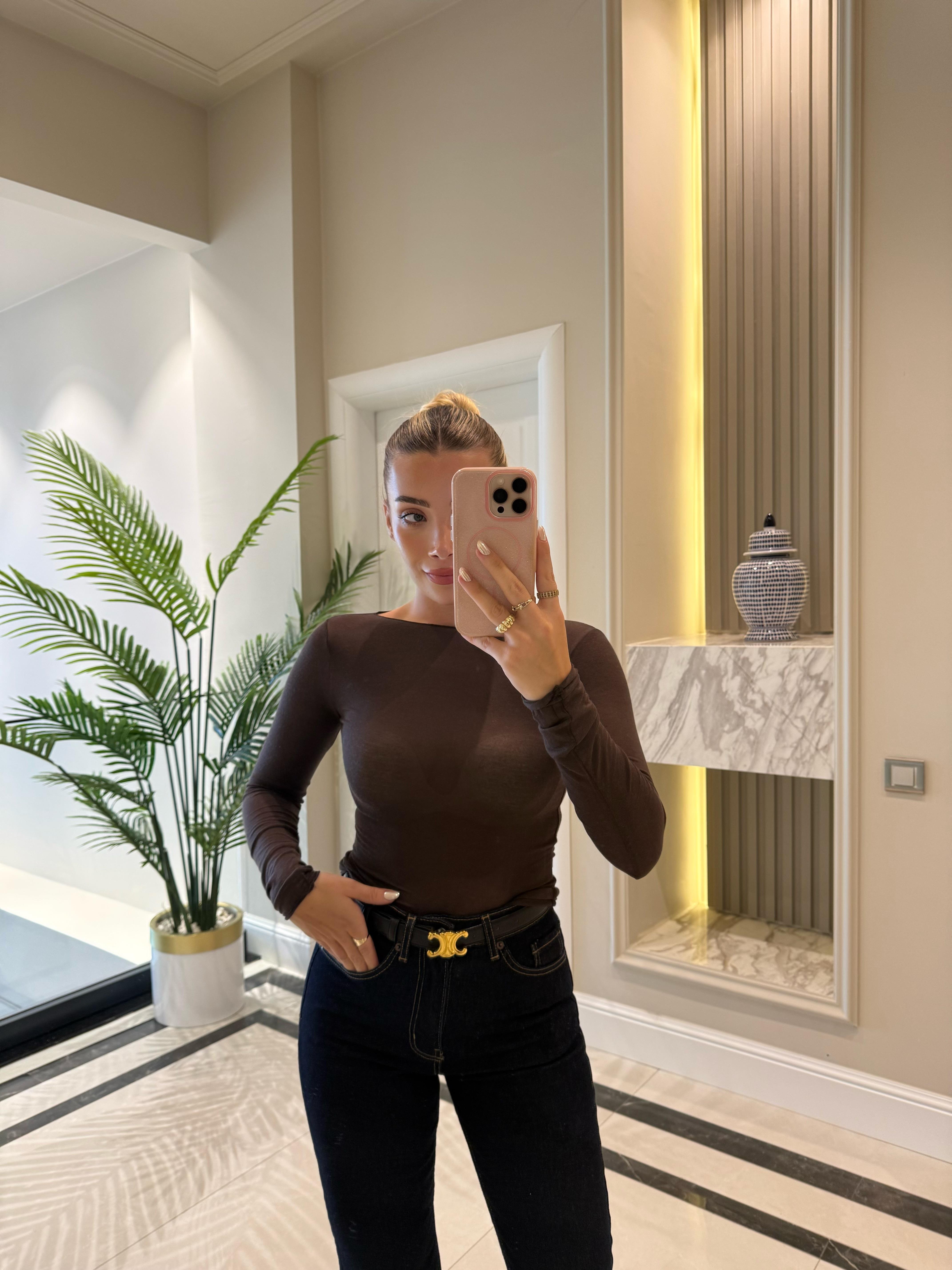 Kahve Kayık Yaka Modal Kaşmir Ultra Hafif Bluz-32122