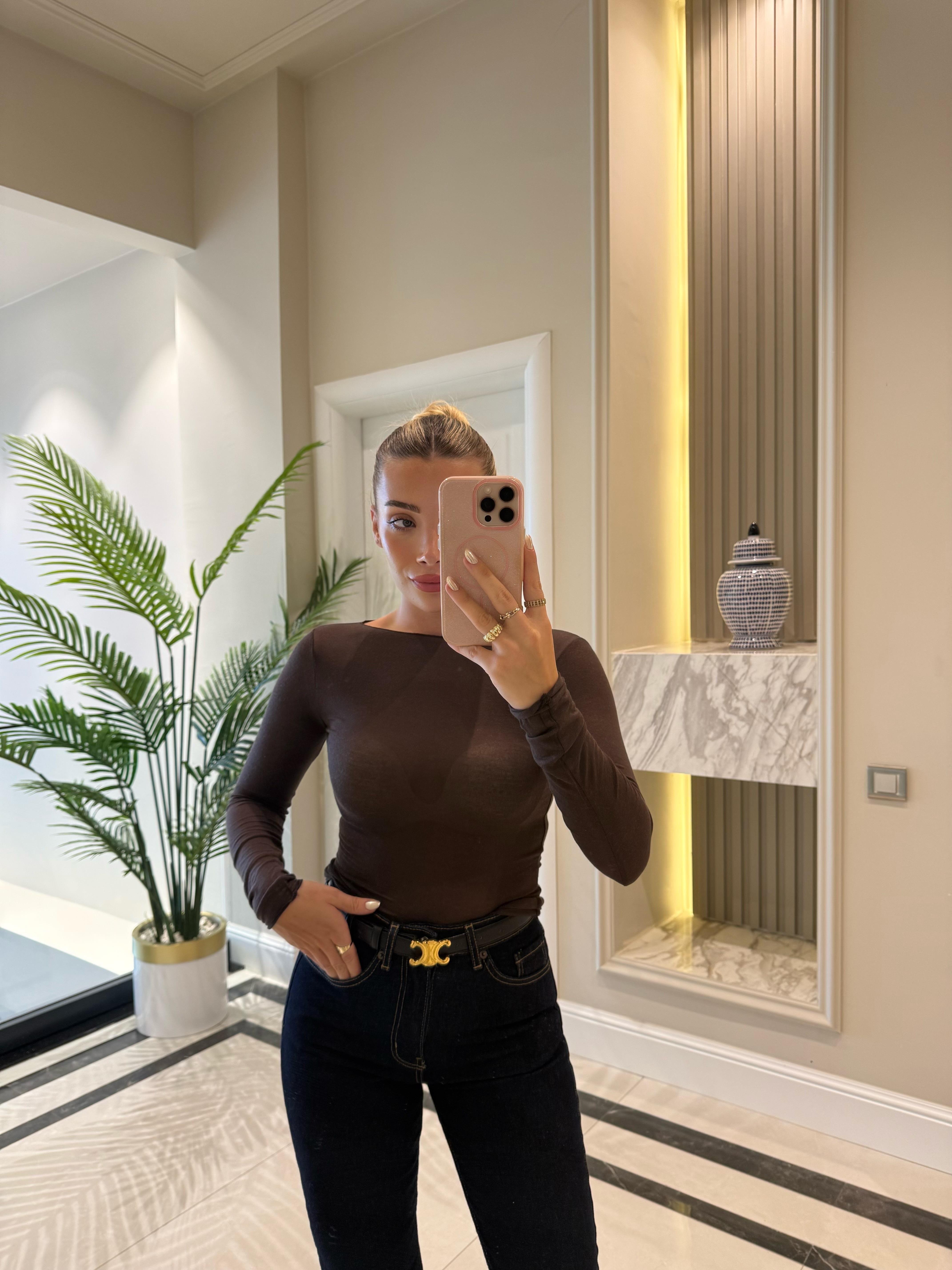 Kahve Kayık Yaka Modal Kaşmir Ultra Hafif Bluz-32122