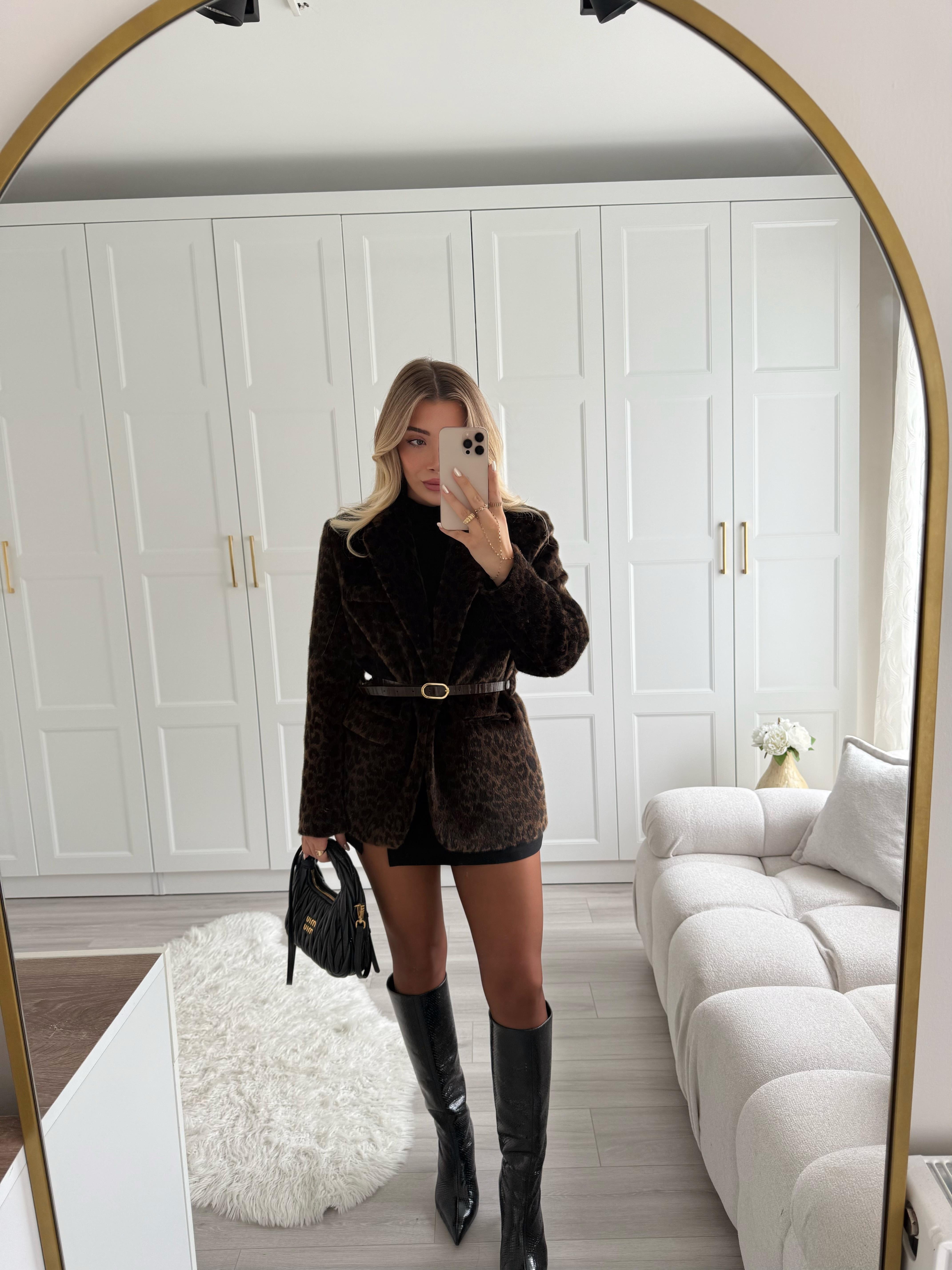 Kahve Leopar Desenli Peluş Ceket-9614