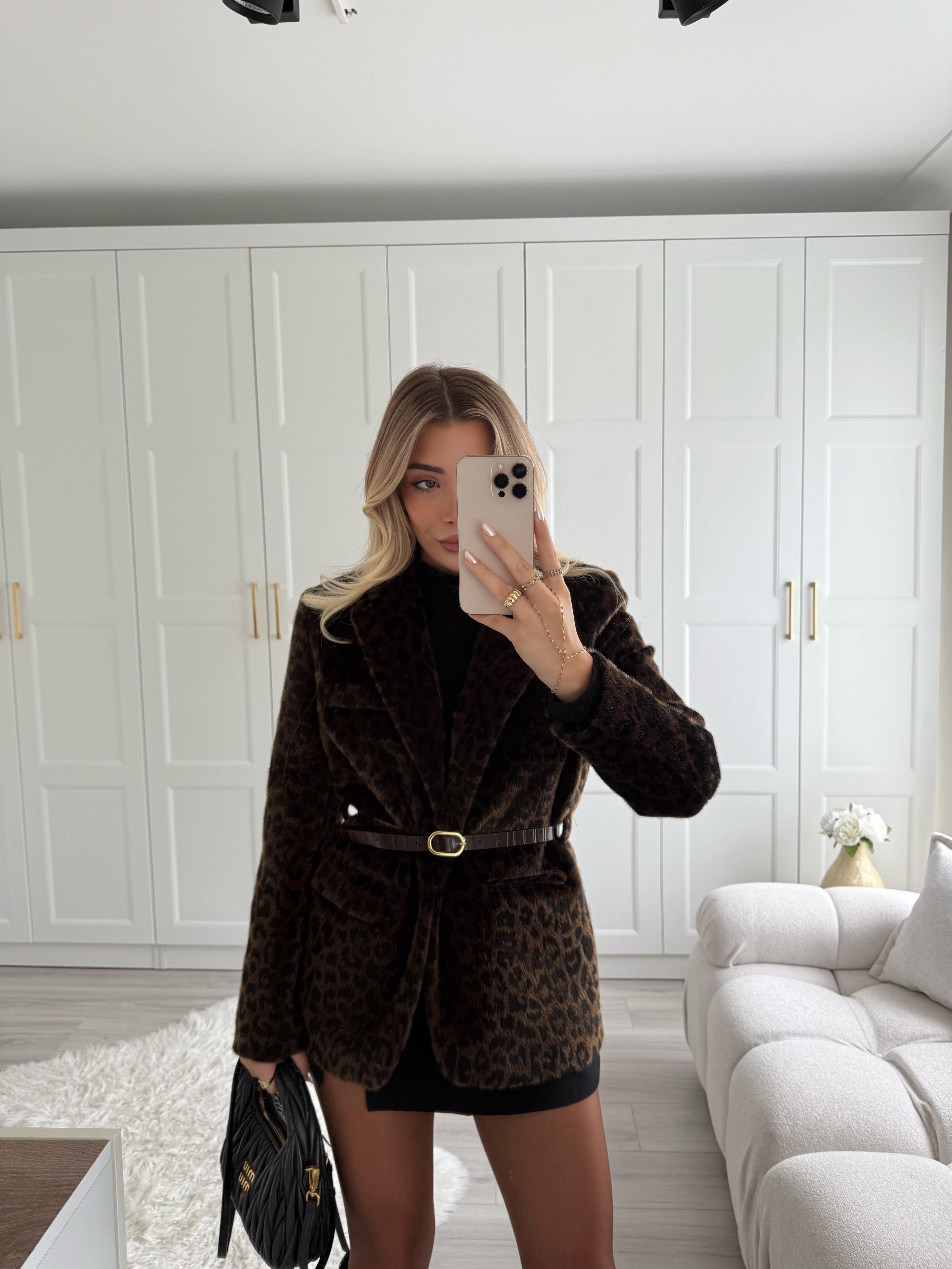 Kahve Leopar Desenli Peluş Ceket-9614
