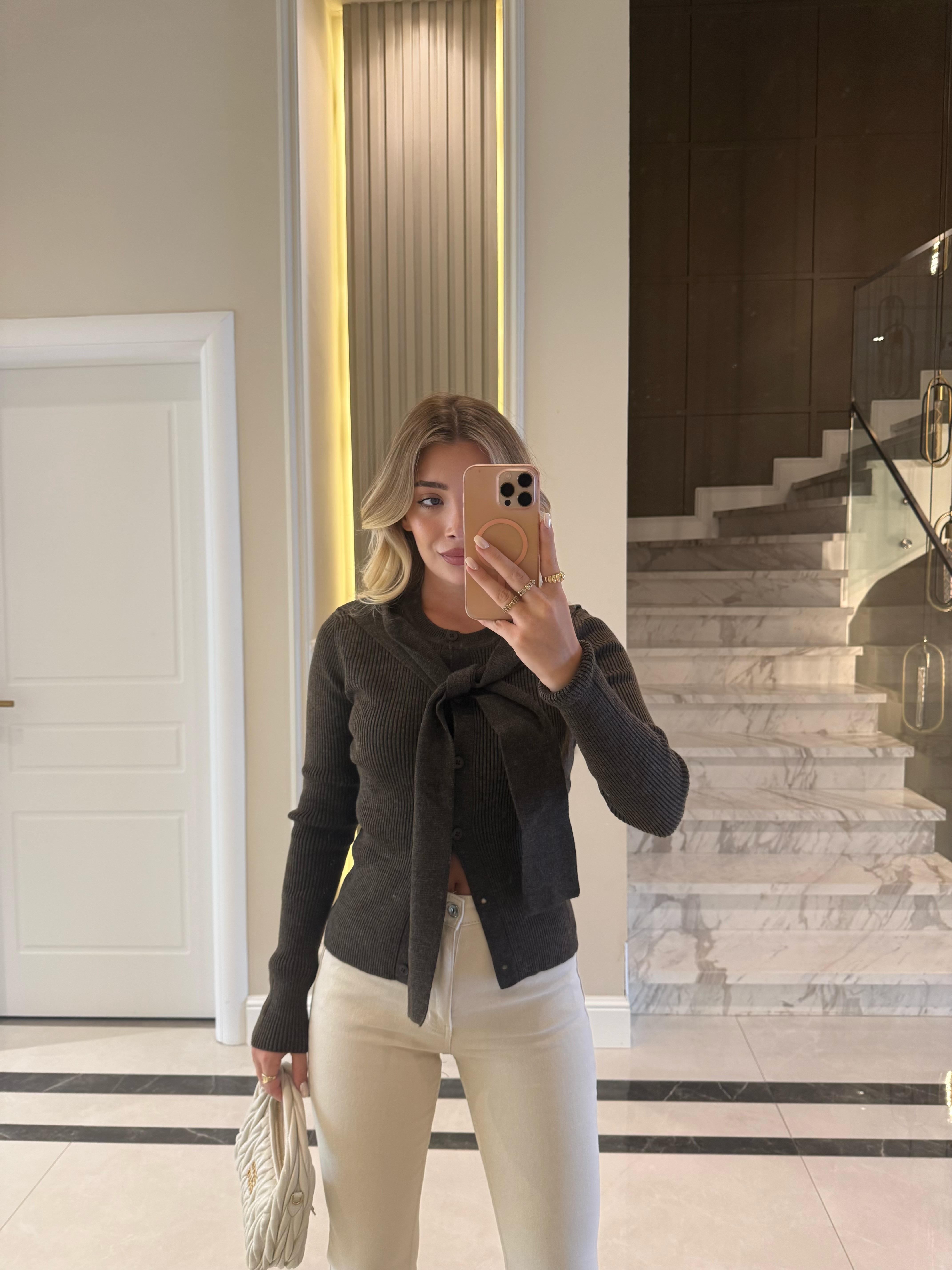 Kahve Melanj Önü Bağlamalı Hırka