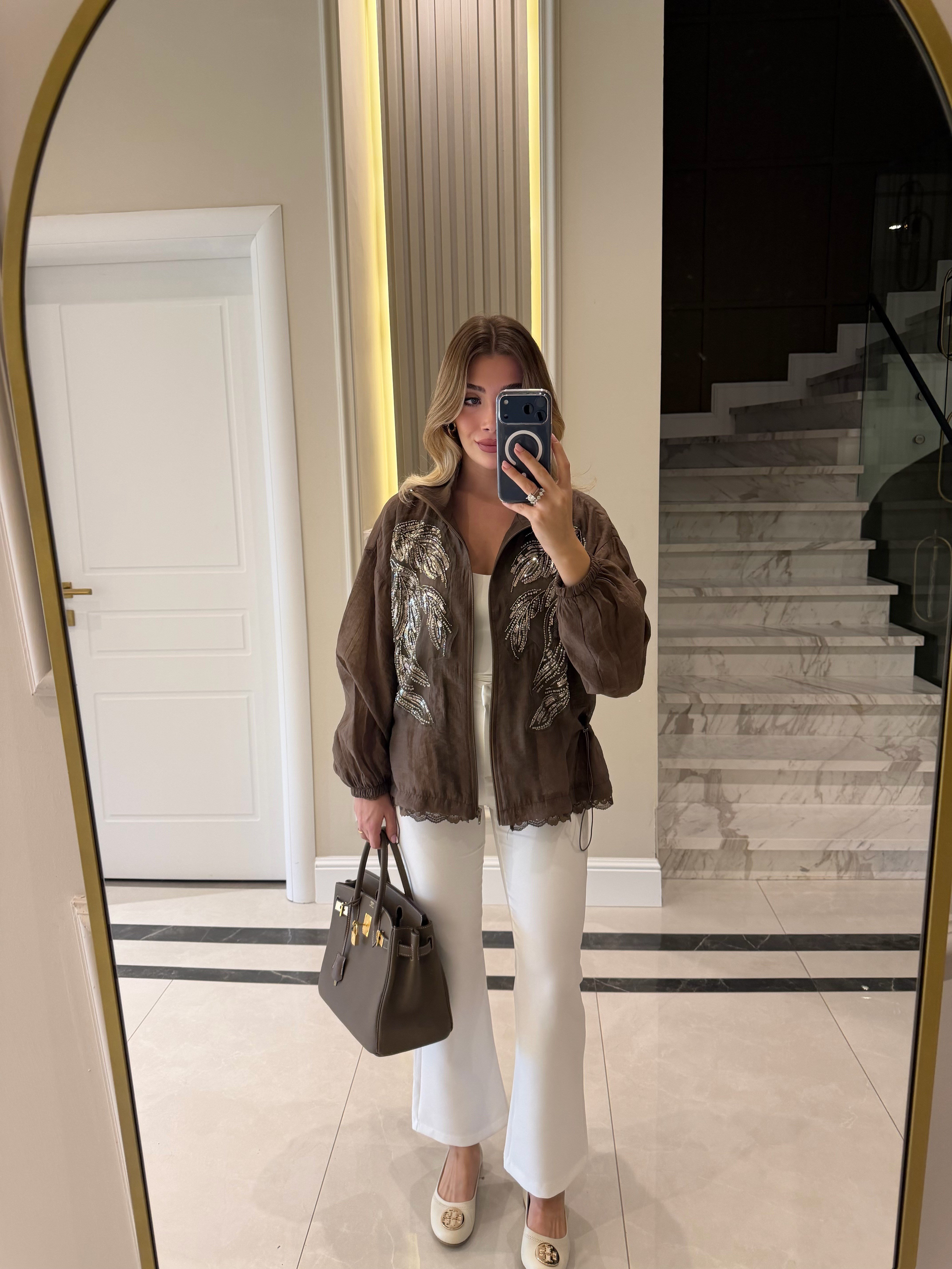 Kahve Nakışlı Dik Yakalı Ceket - 9773