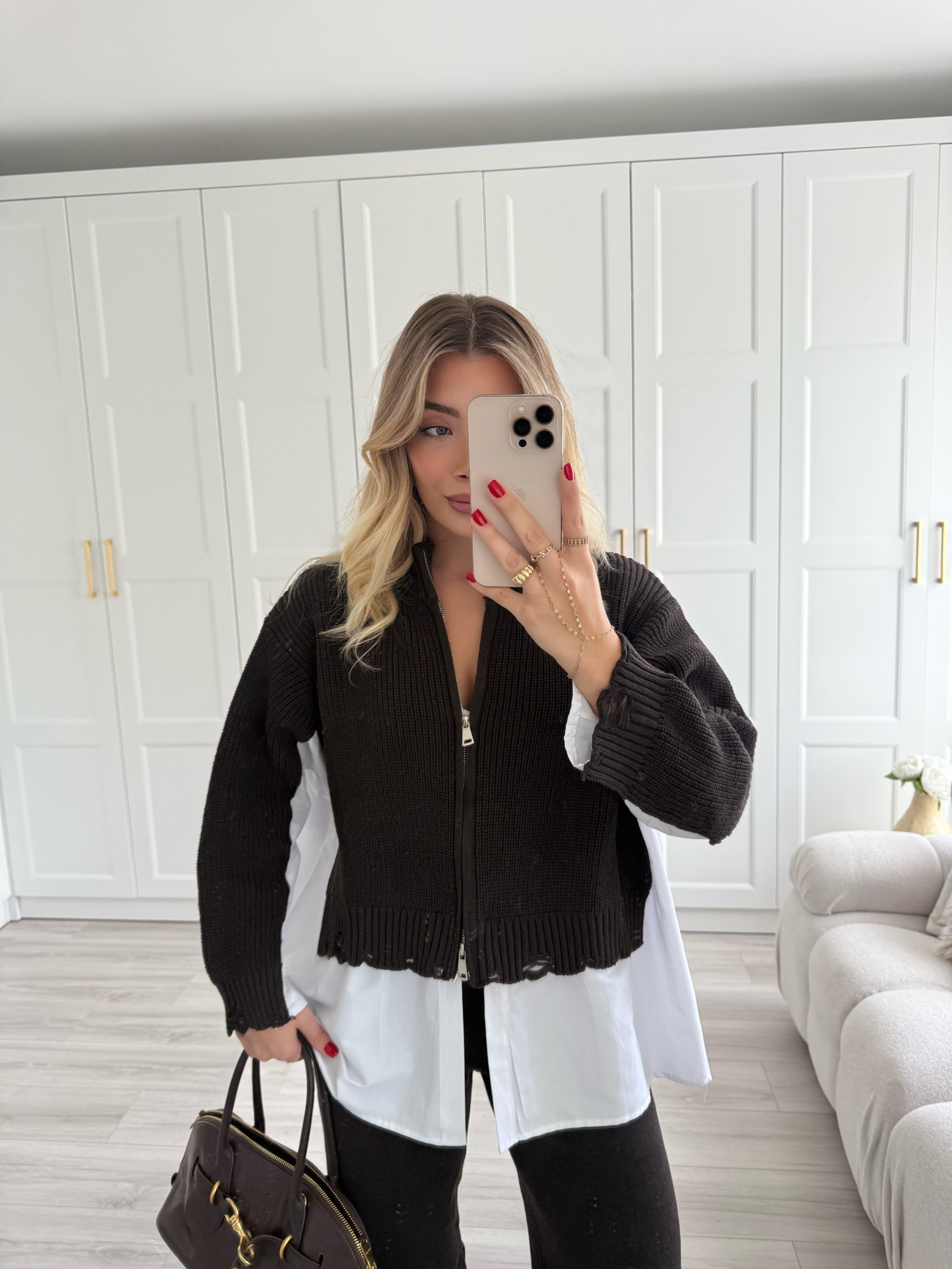 Kahve Poplin Gömlek Detaylı Triko Takım