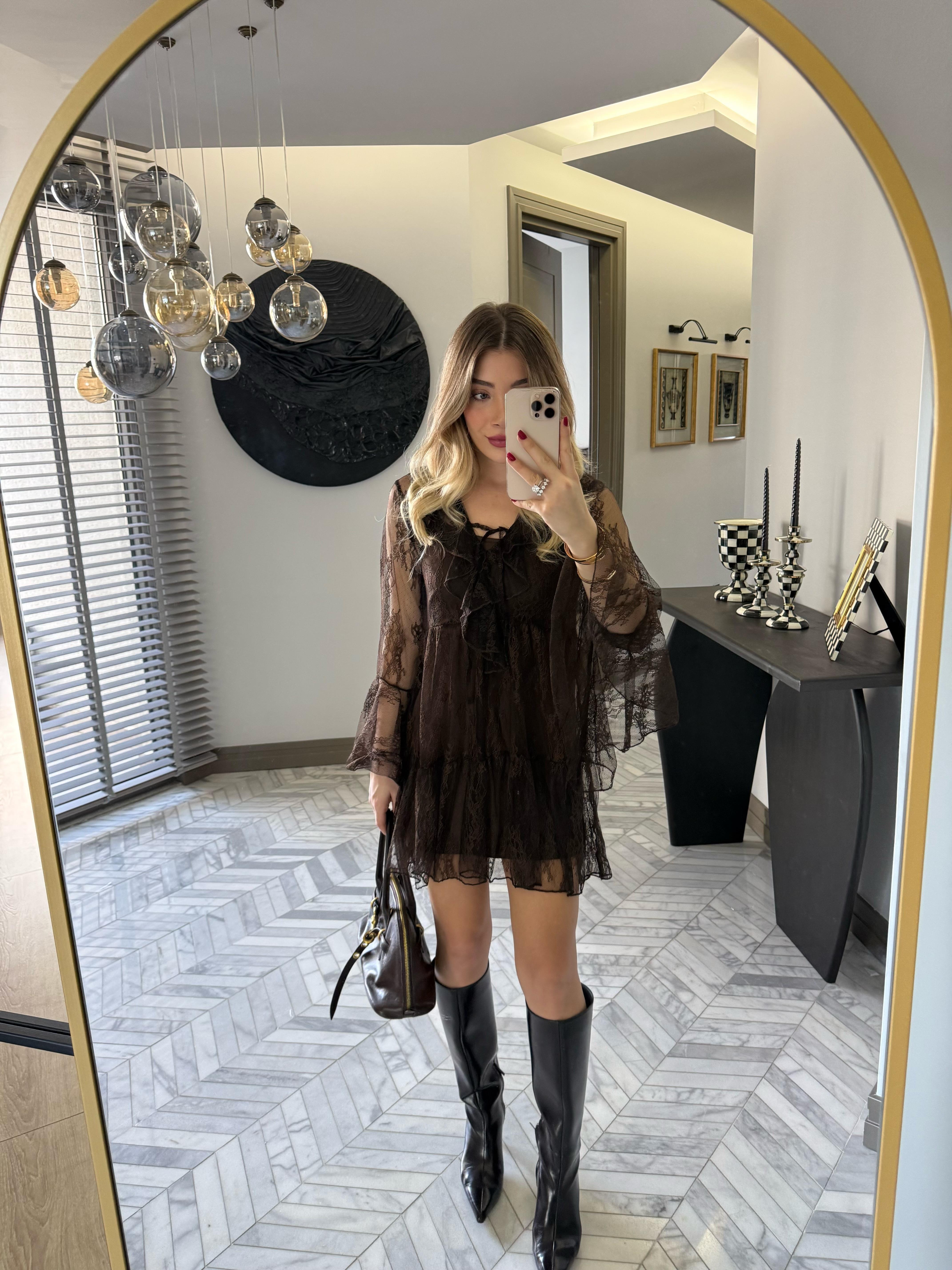 Kahve Rengi Dantel Elbise-35530