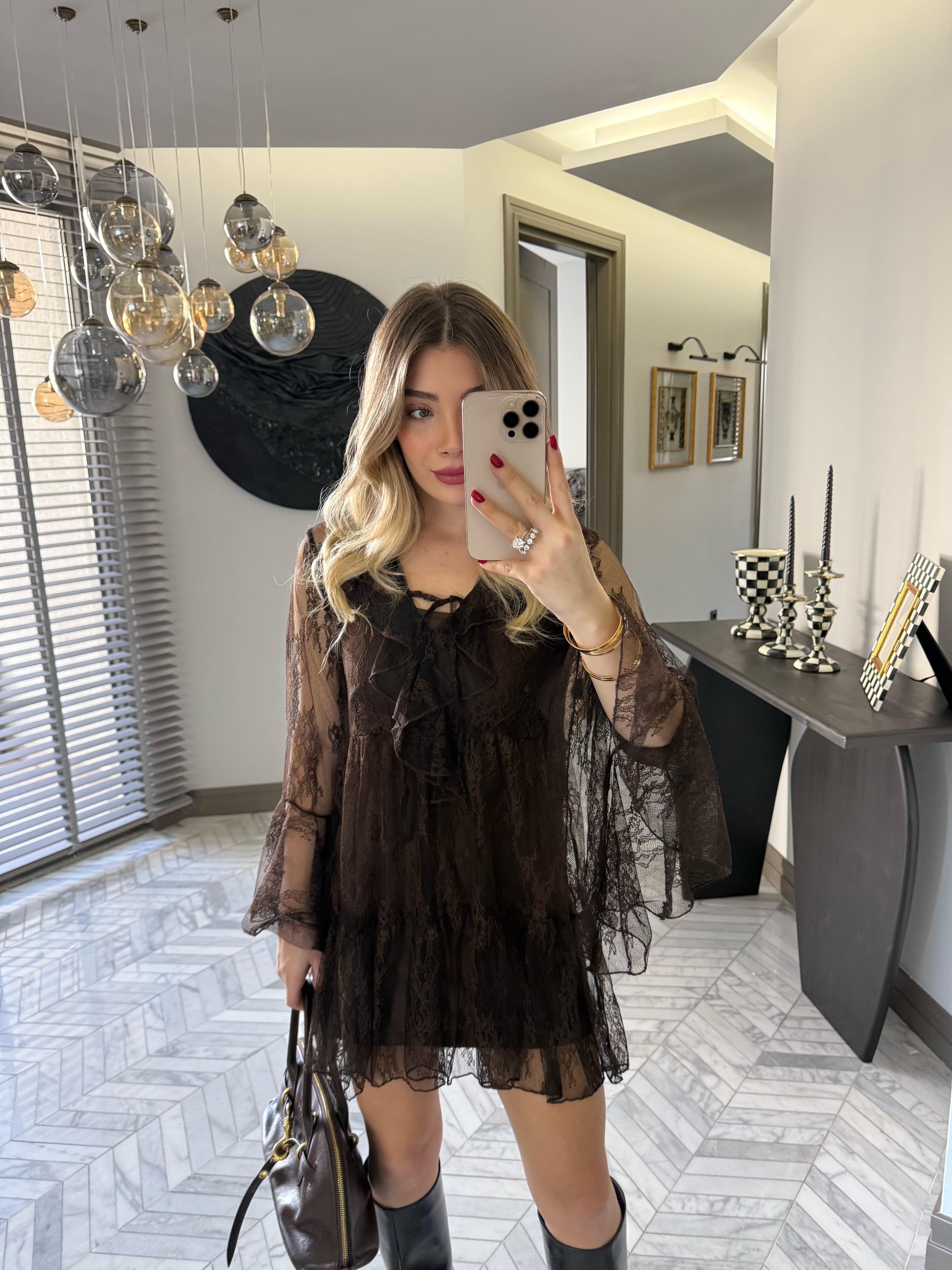 Kahve Rengi Dantel Elbise-35530