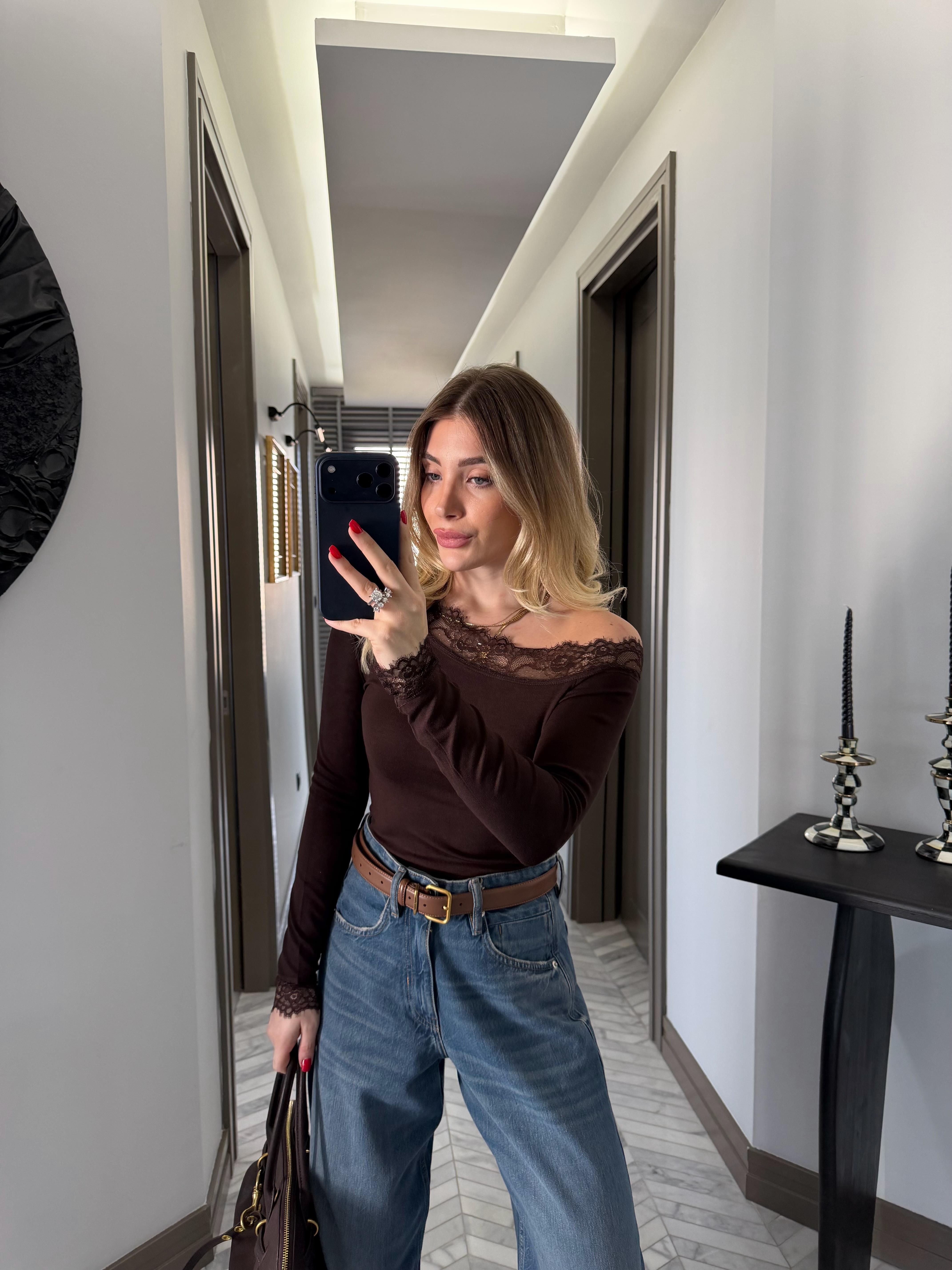 Kahve Tek Omuz Açık Dantelli Bluz-1016