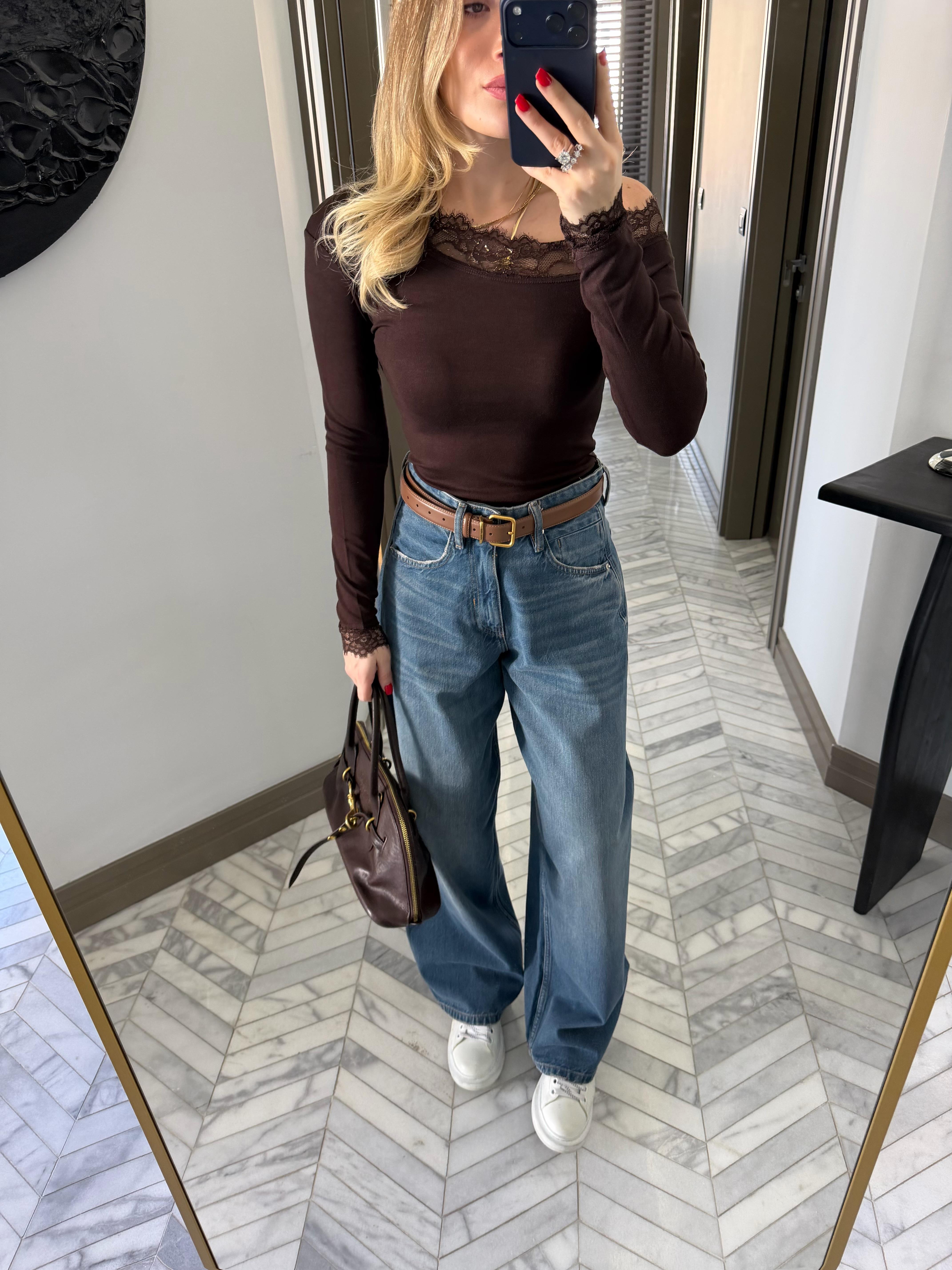 Kahve Tek Omuz Açık Dantelli Bluz-1016