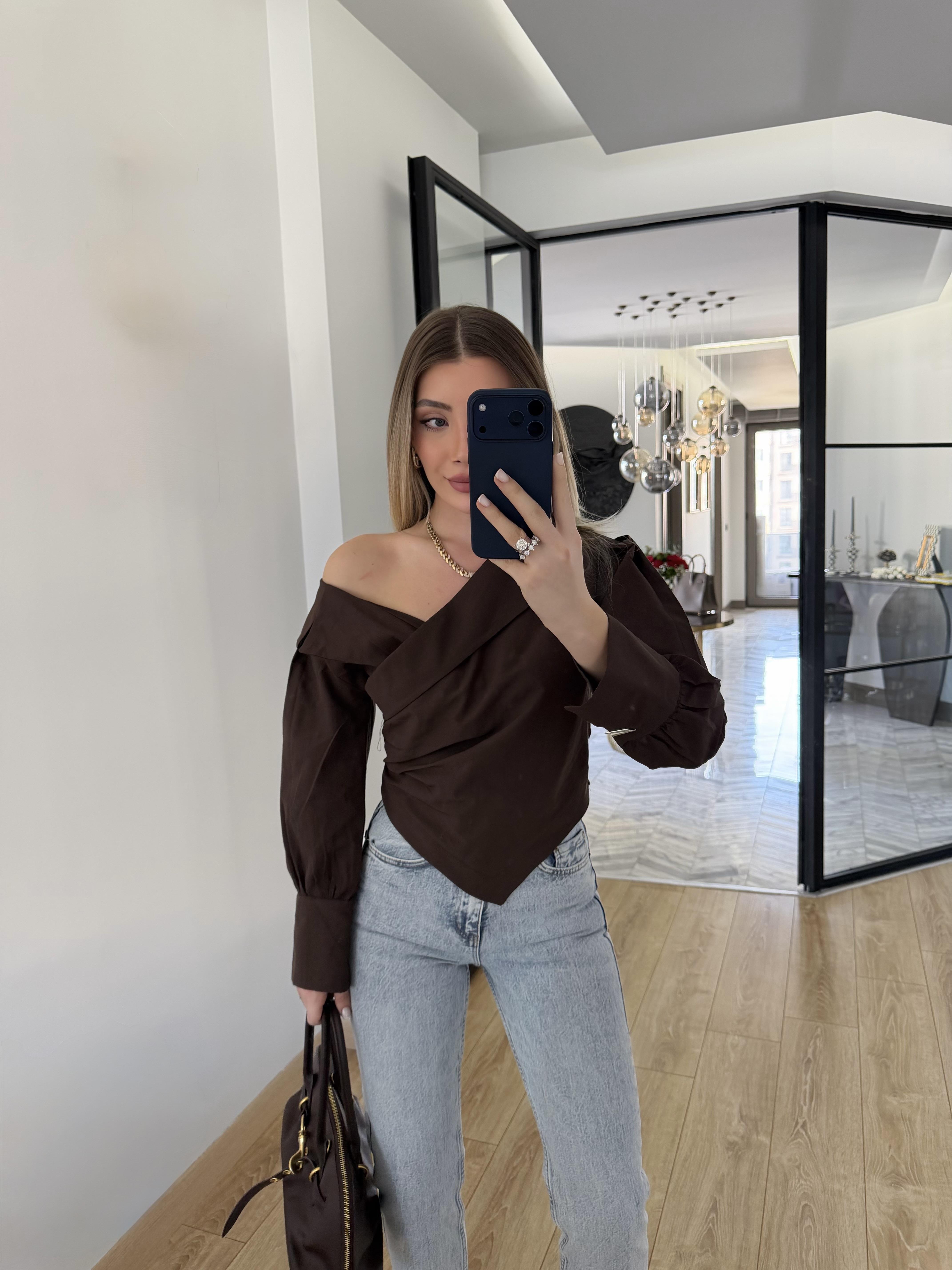 Kahverengi Asimetrik Yakalı Gömlek-0317