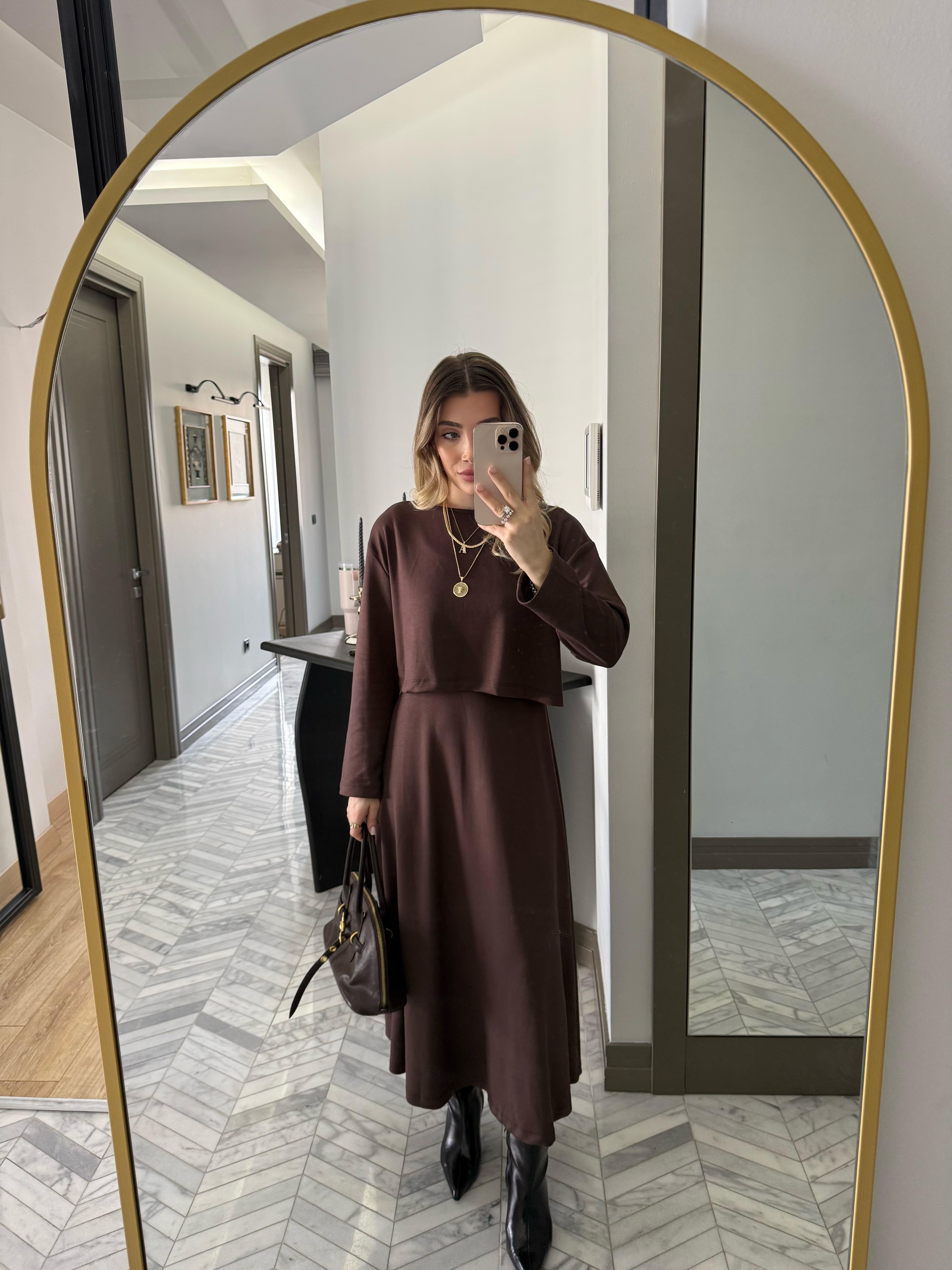 Kahverengi Elbiseli Modal Kumaş İkili Takım-4064