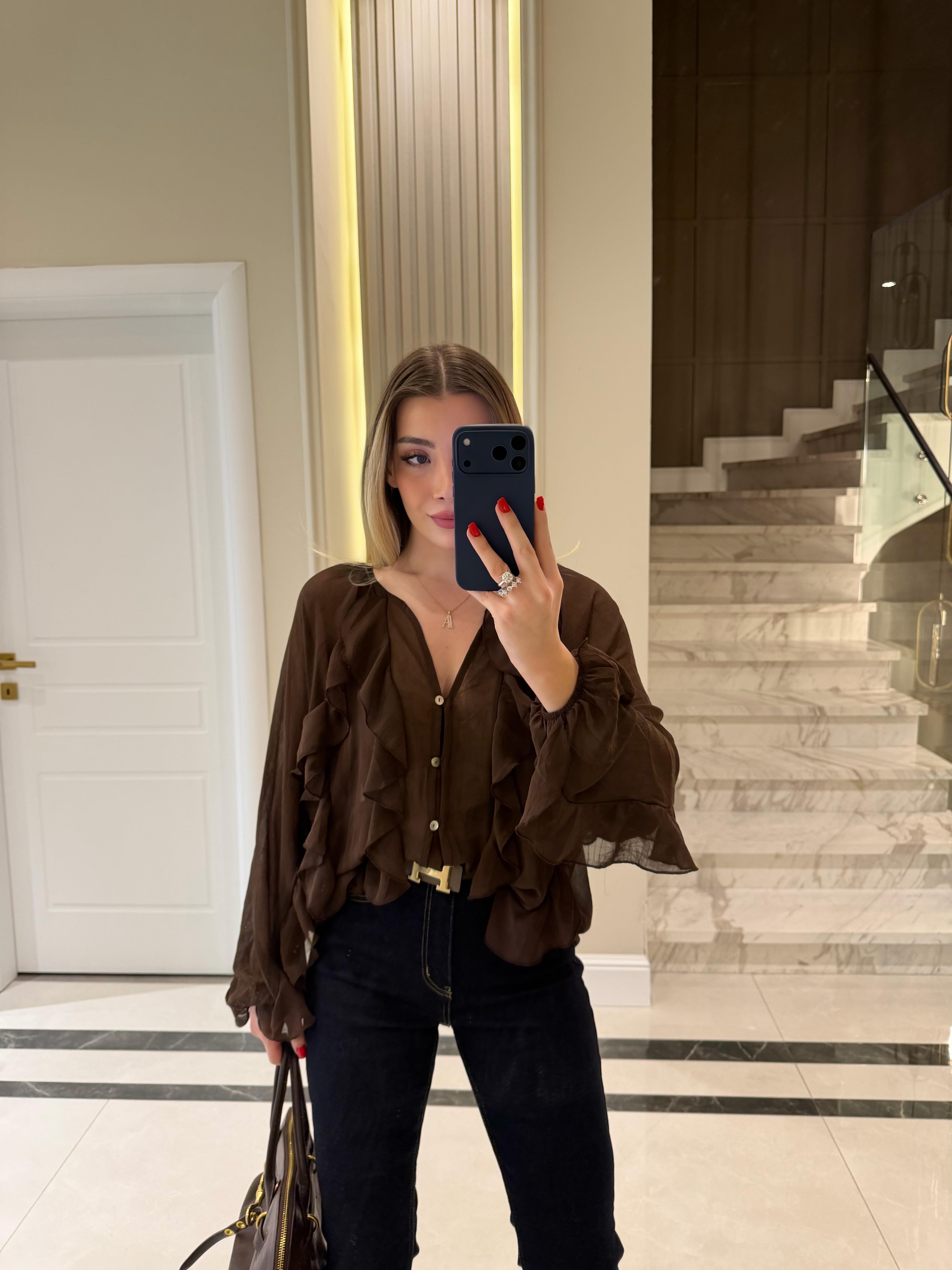 Kahverengi  Fırfır Detaylı Şifon Bluz -70245