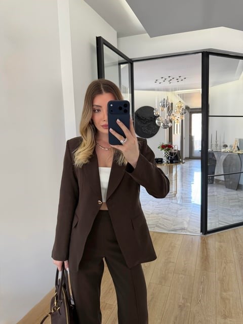 Kahverengi Gold Düğmeli Takım -9031