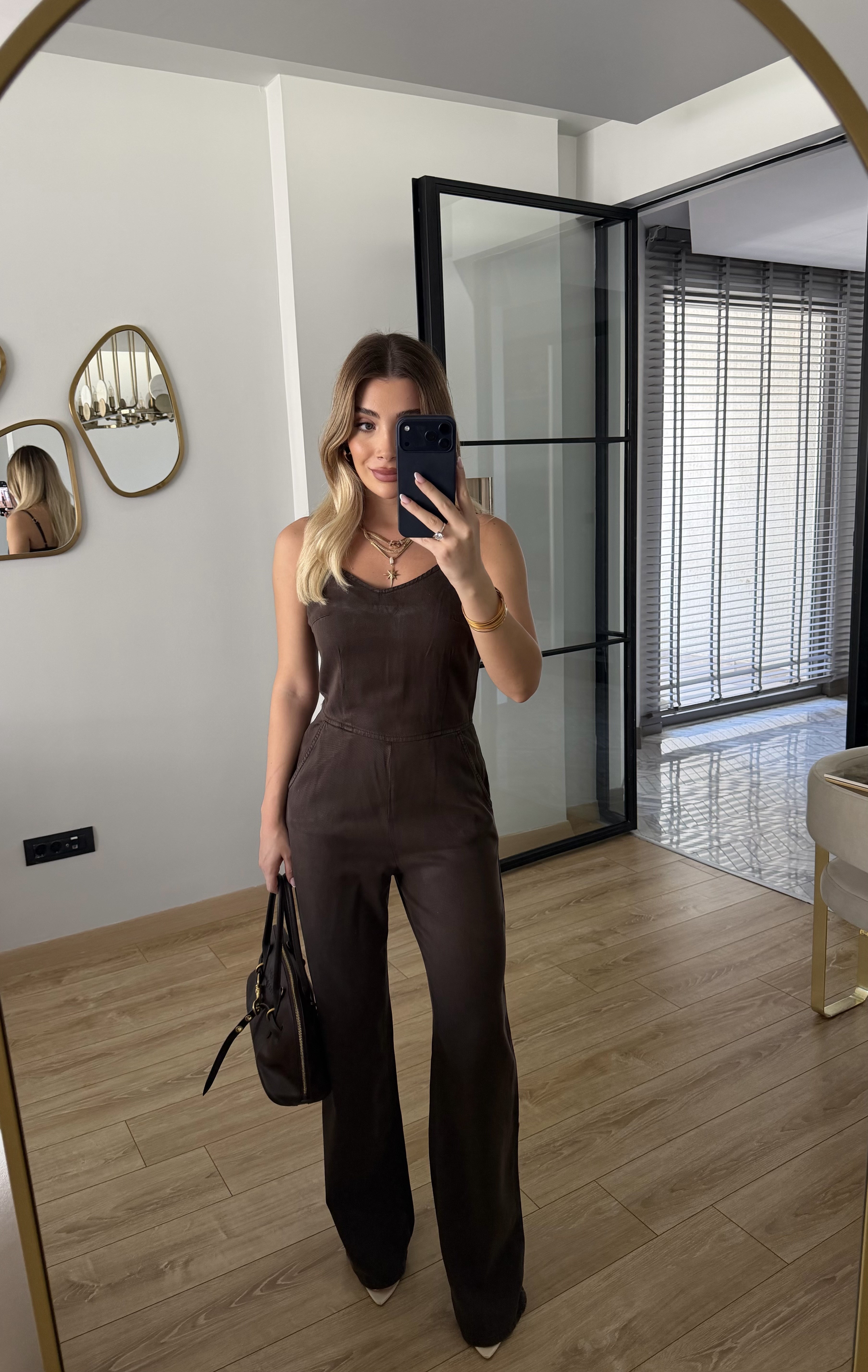 Kahverengi İnce Askılı Lyocell Tulum - 72024