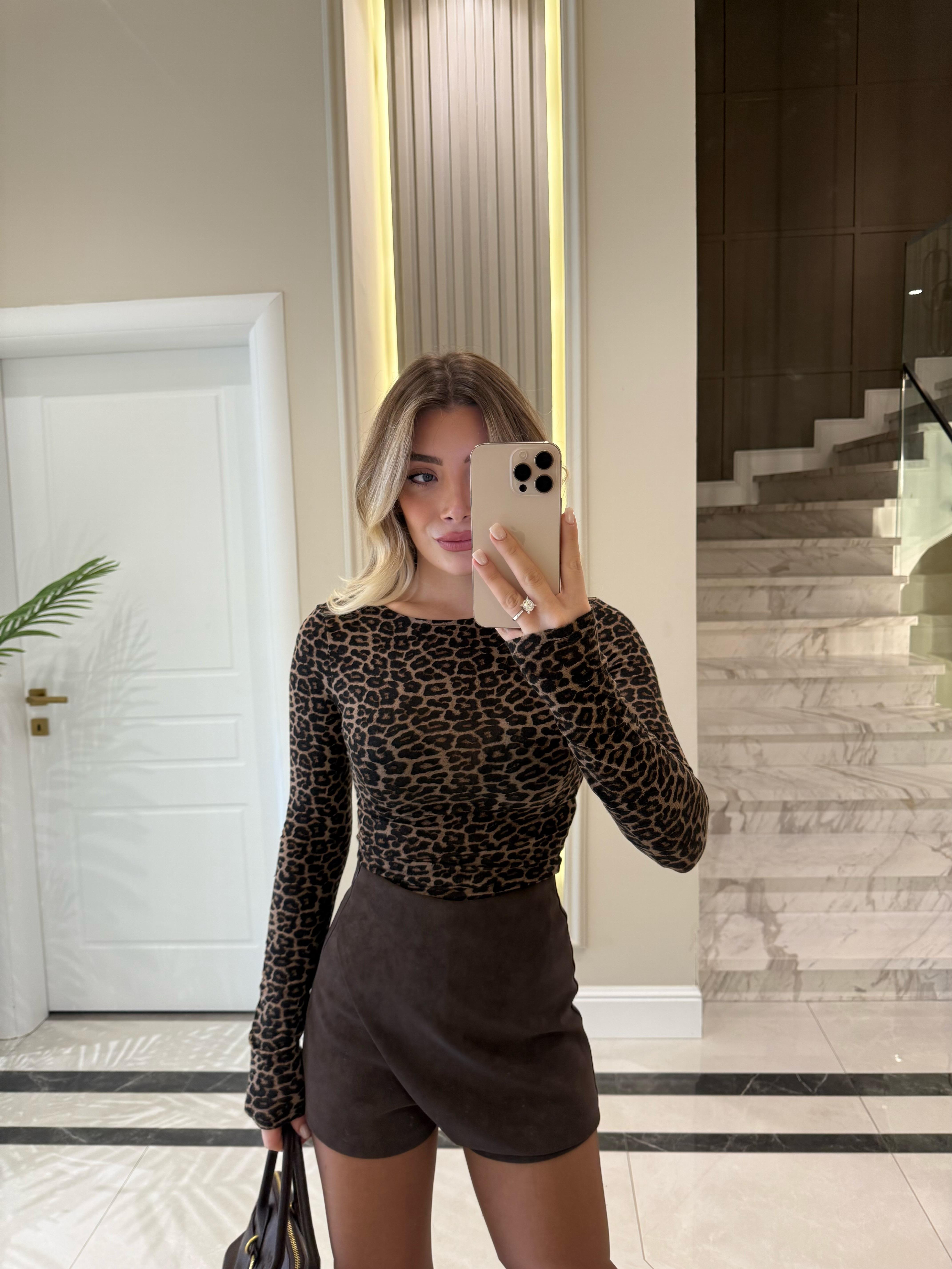 Kahverengi Leopar Desenli Kayık Yaka Uzun Kollu TOP-32206