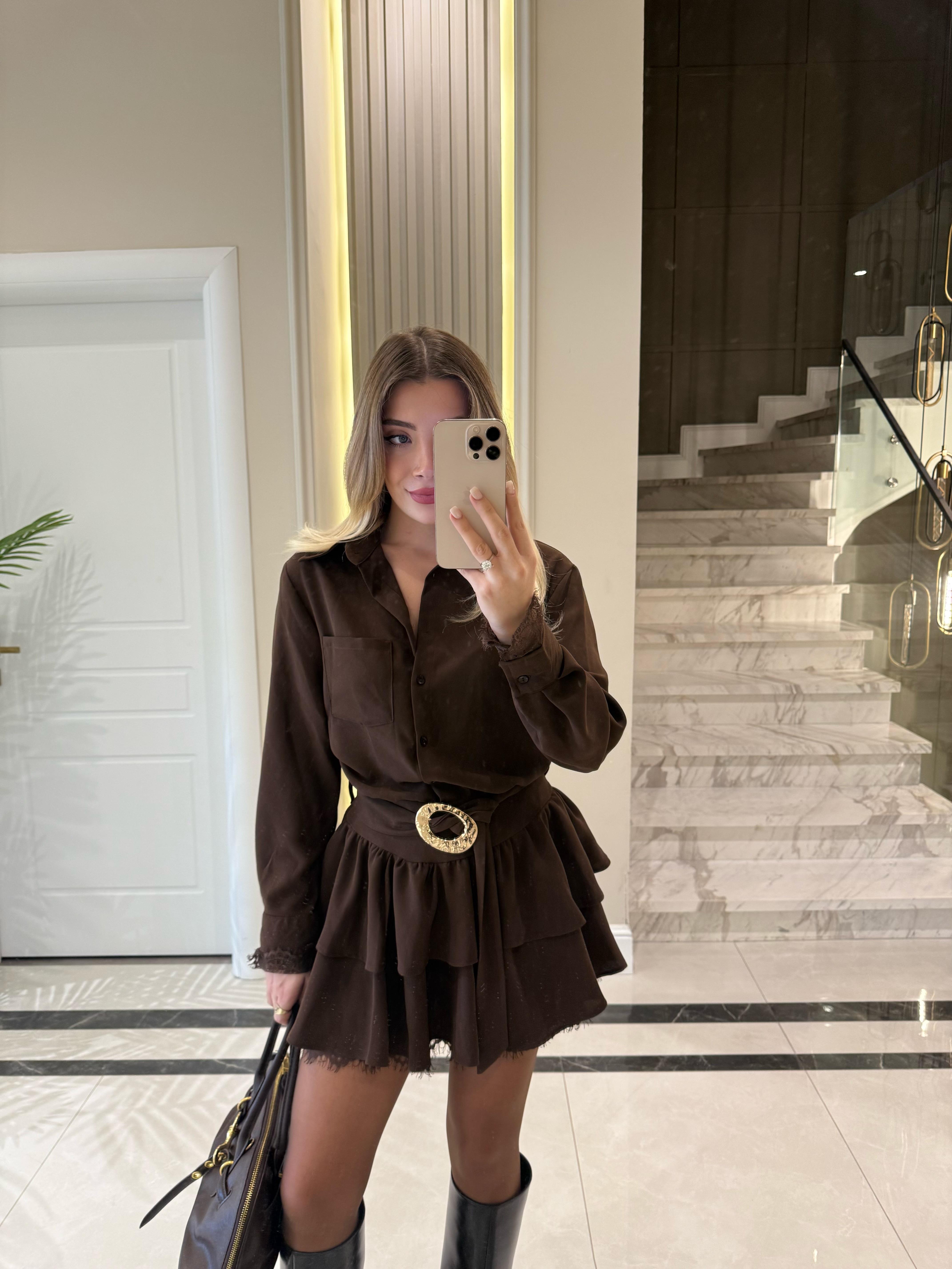 Kahverengi Kemer Detaylı Uzun Kollu Elbise -35518