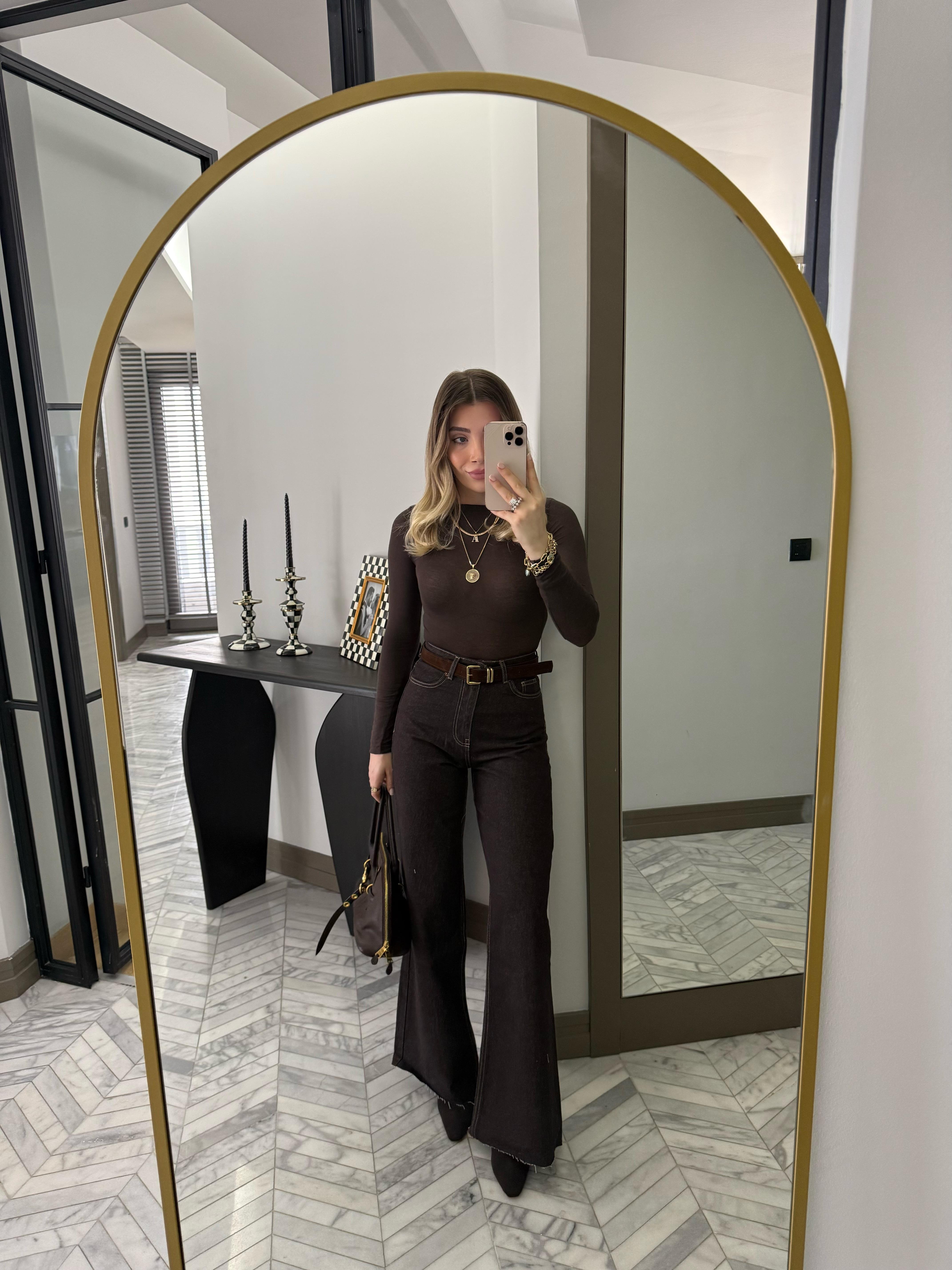 Kahverengi Kemerli Denim Palazzo Jean-1025