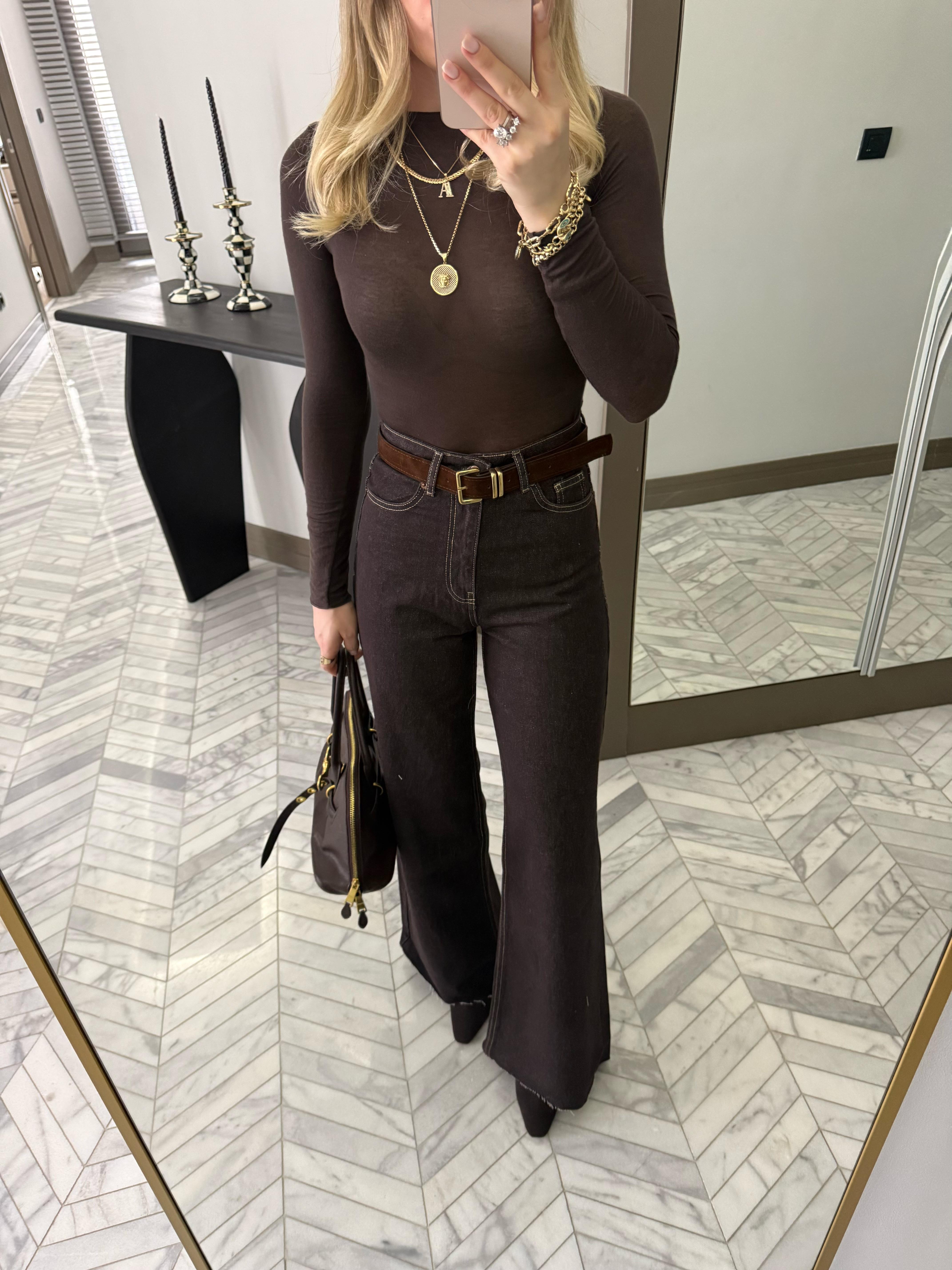 Kahverengi Kemerli Denim Palazzo Jean-1025