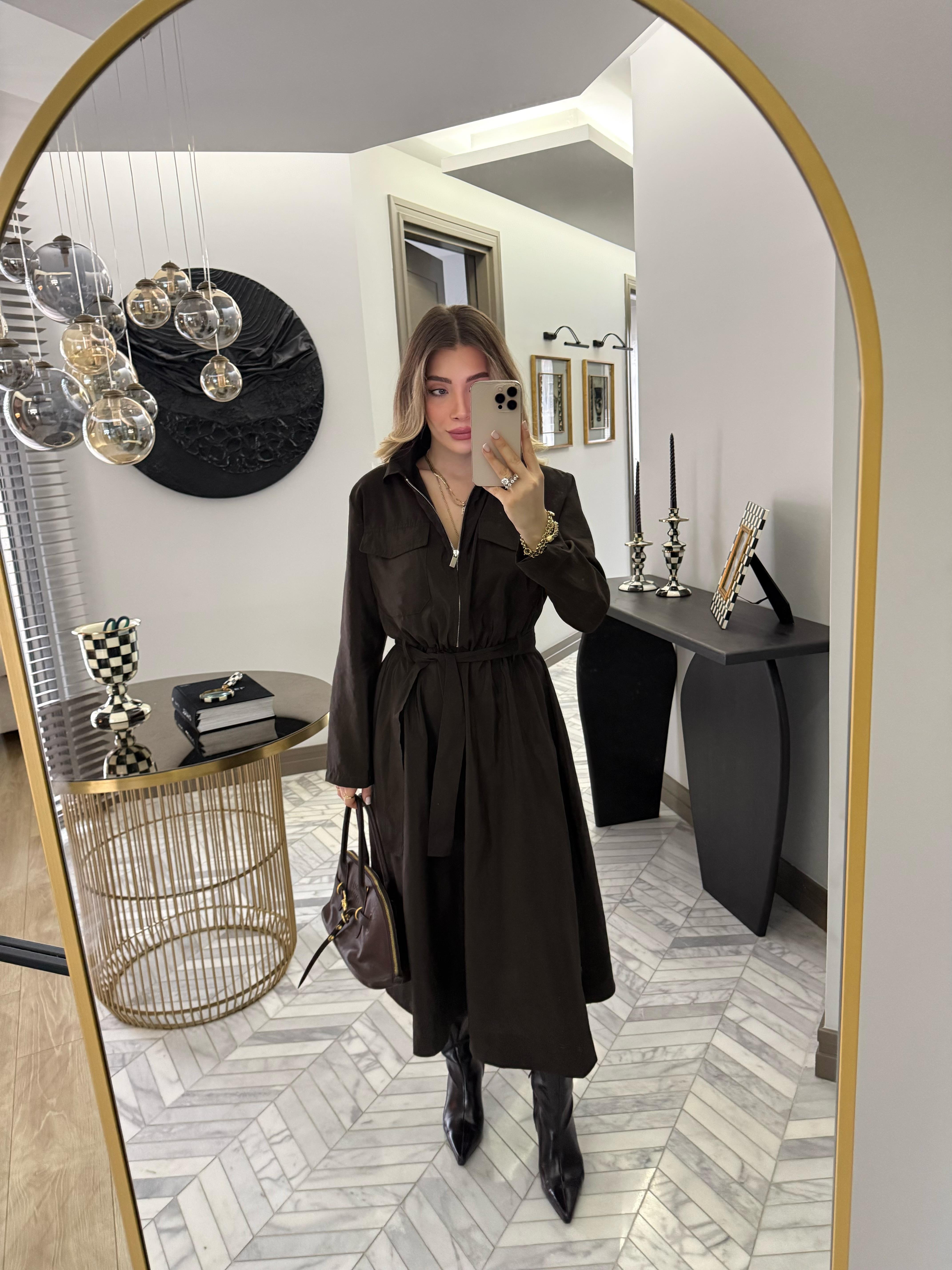 Kahverengi Kemerli Fermuarlı Elbise-37015
