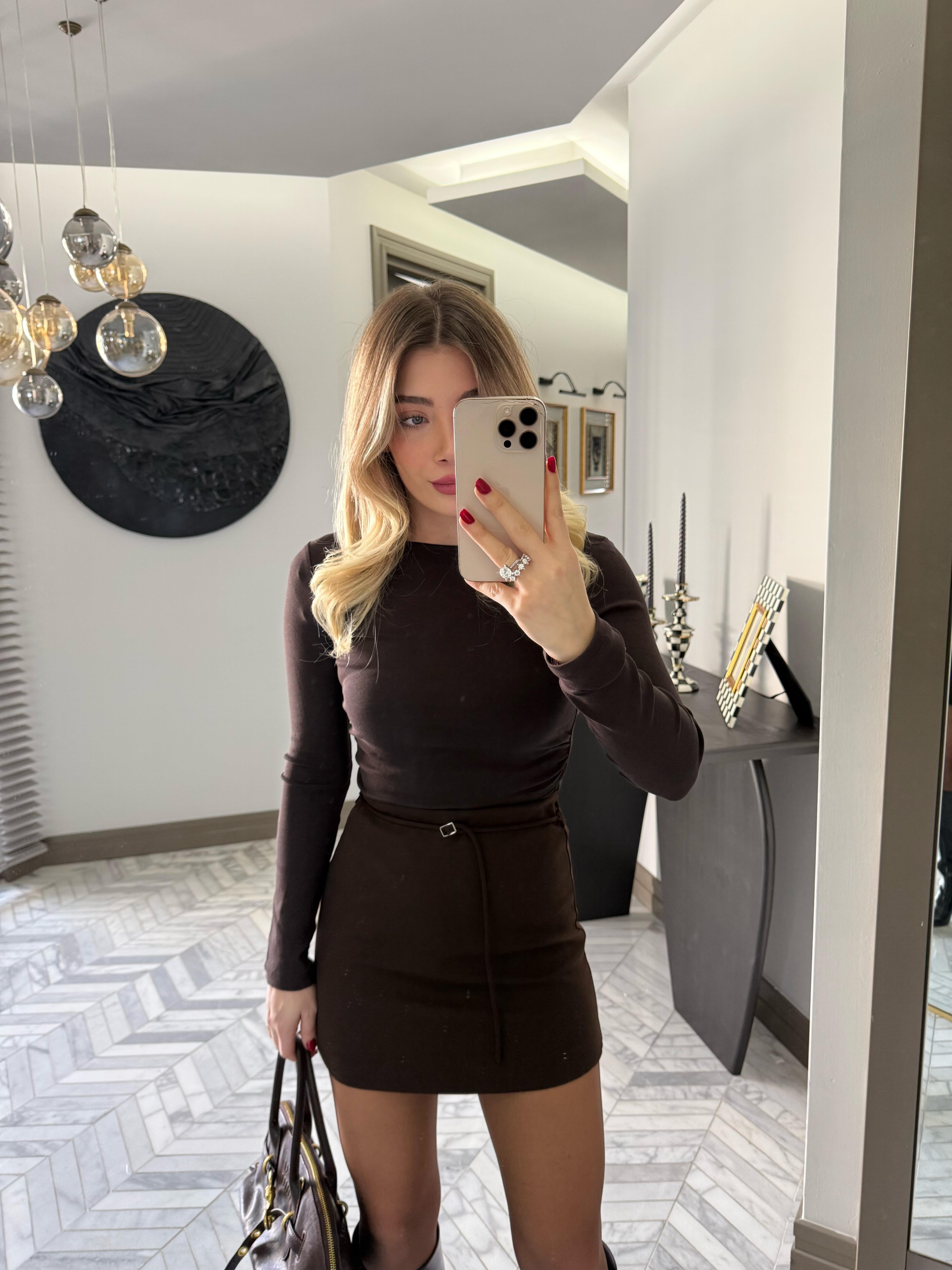 Kahverengi Kemerli Şort Etek-224