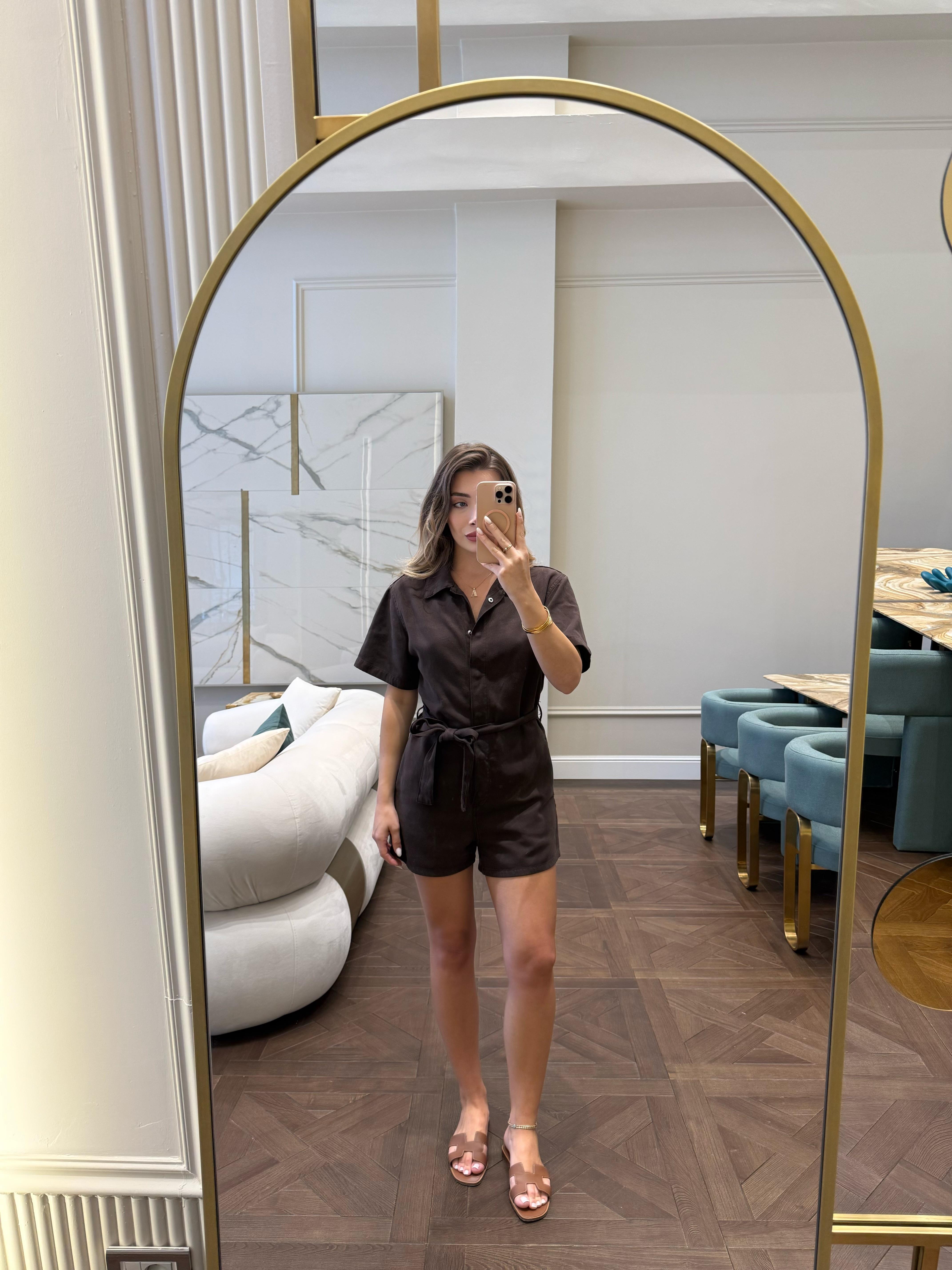 Kahverengi Kuşaklı Şortlu Tulum -72028