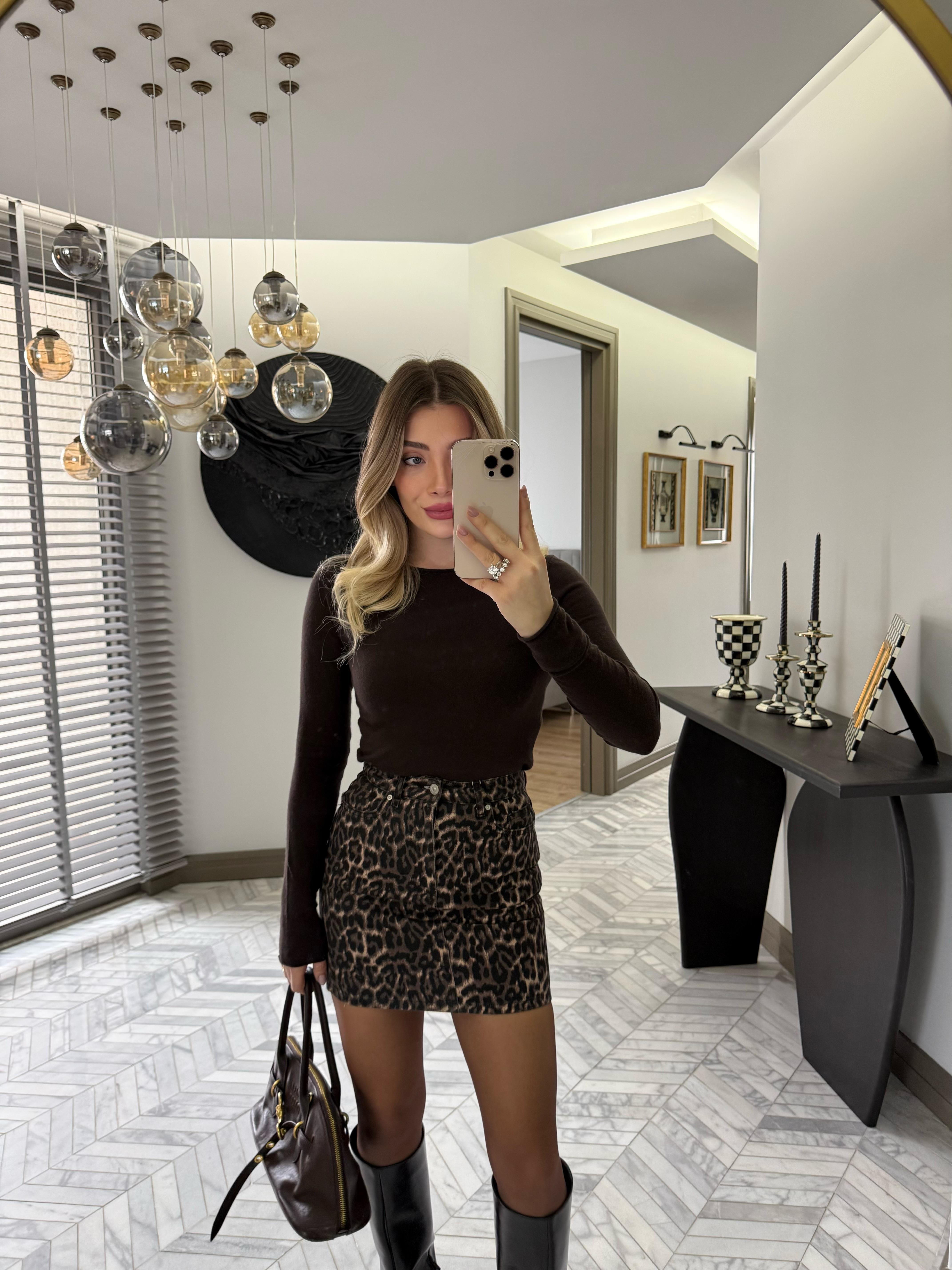 Kahverengi Leopar Desenli Denim Etek-80591
