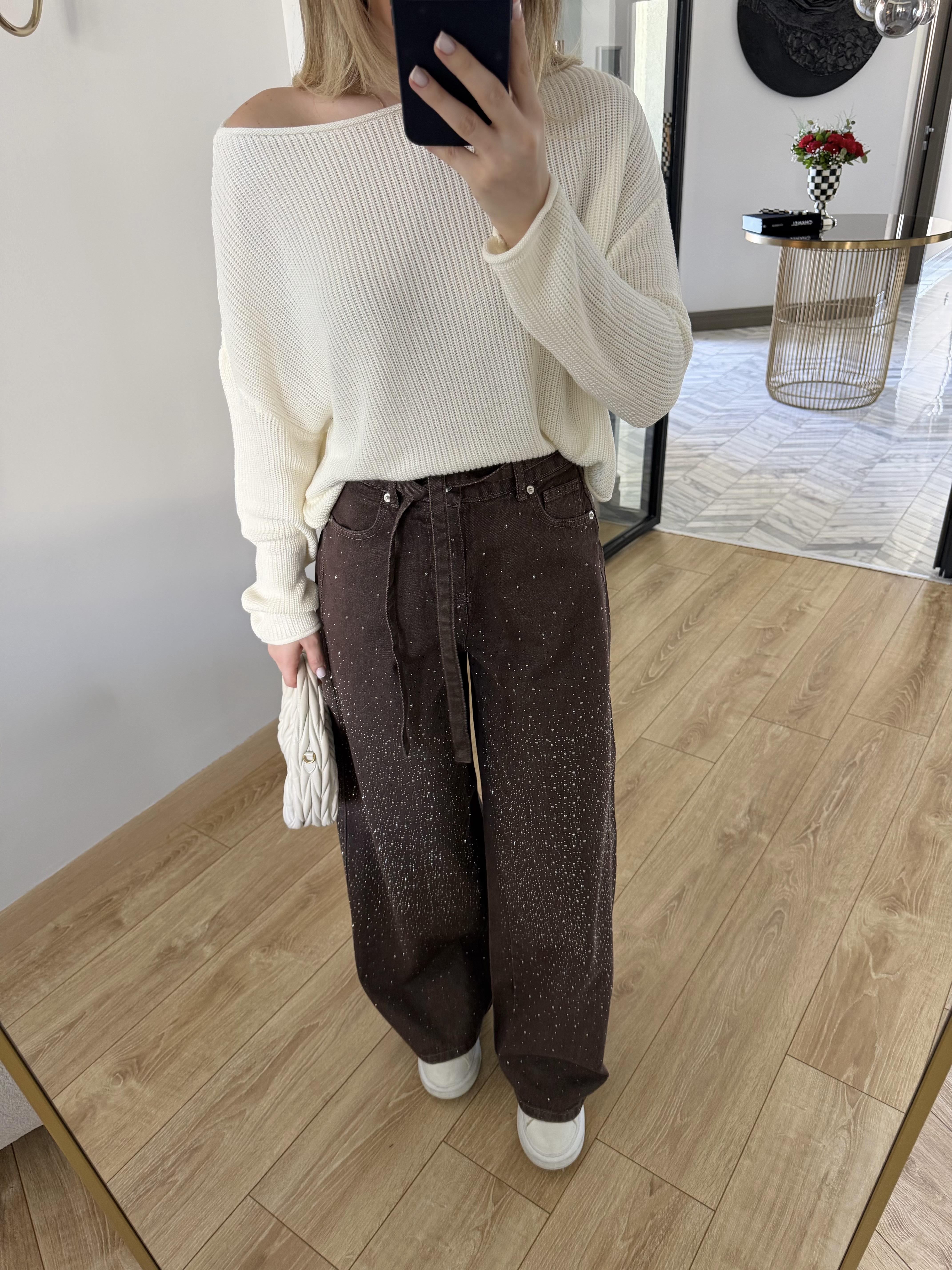 Kahverengi Önü Taşlı Denim Pantolon