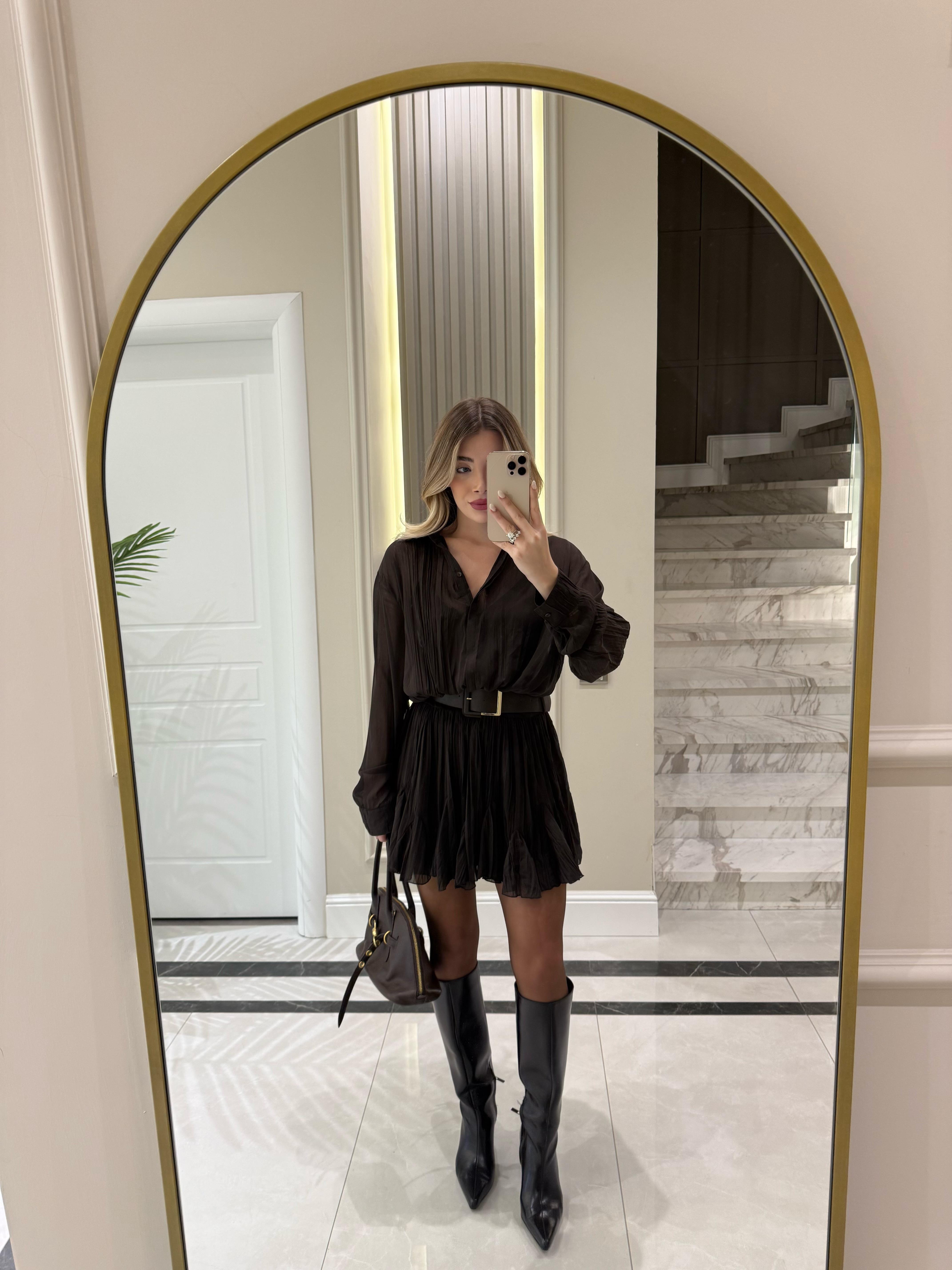 Kahverengi Piliseli Şifon Mini Elbise 35537