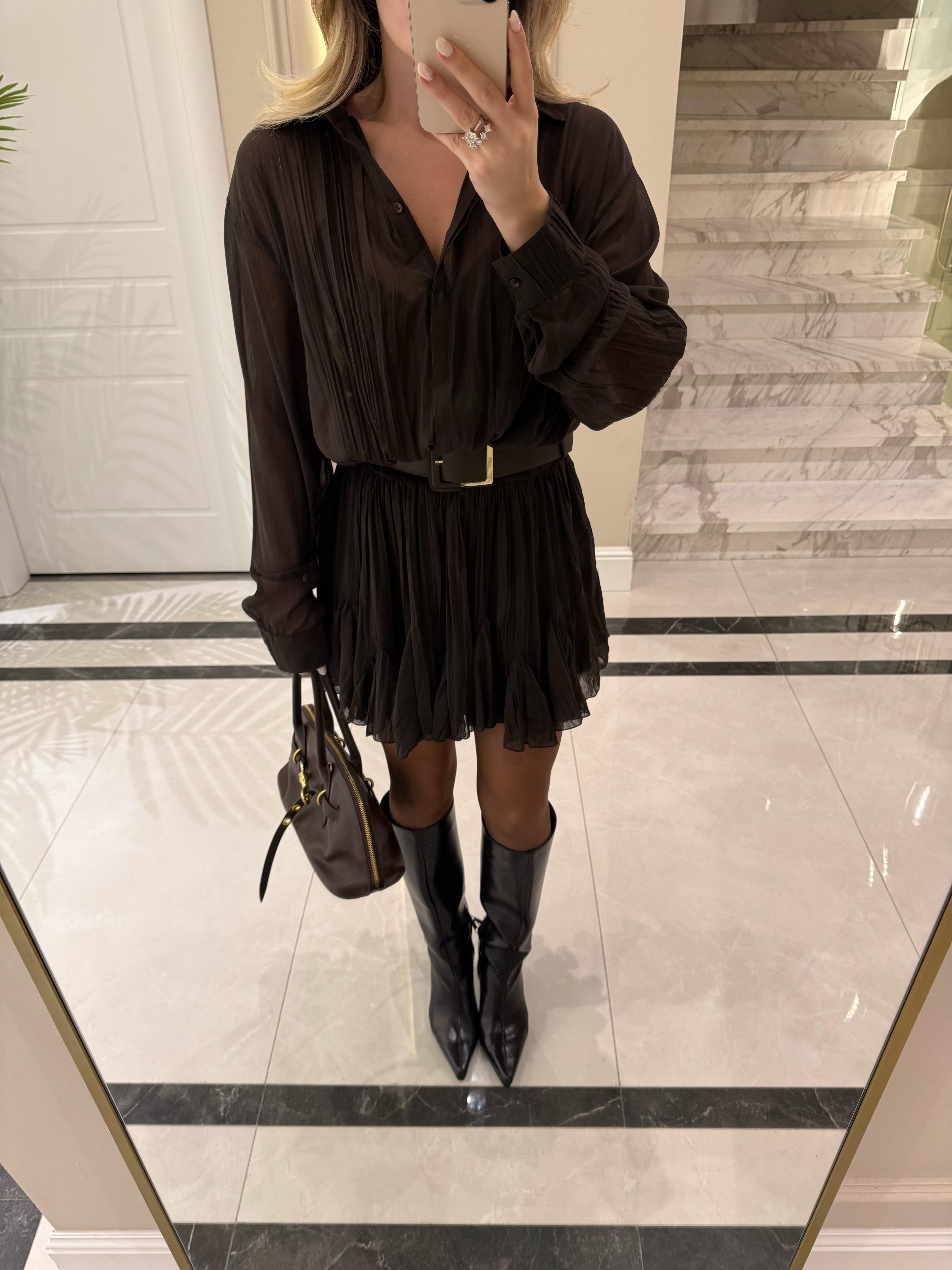 Kahverengi Piliseli Şifon Mini Elbise 35537