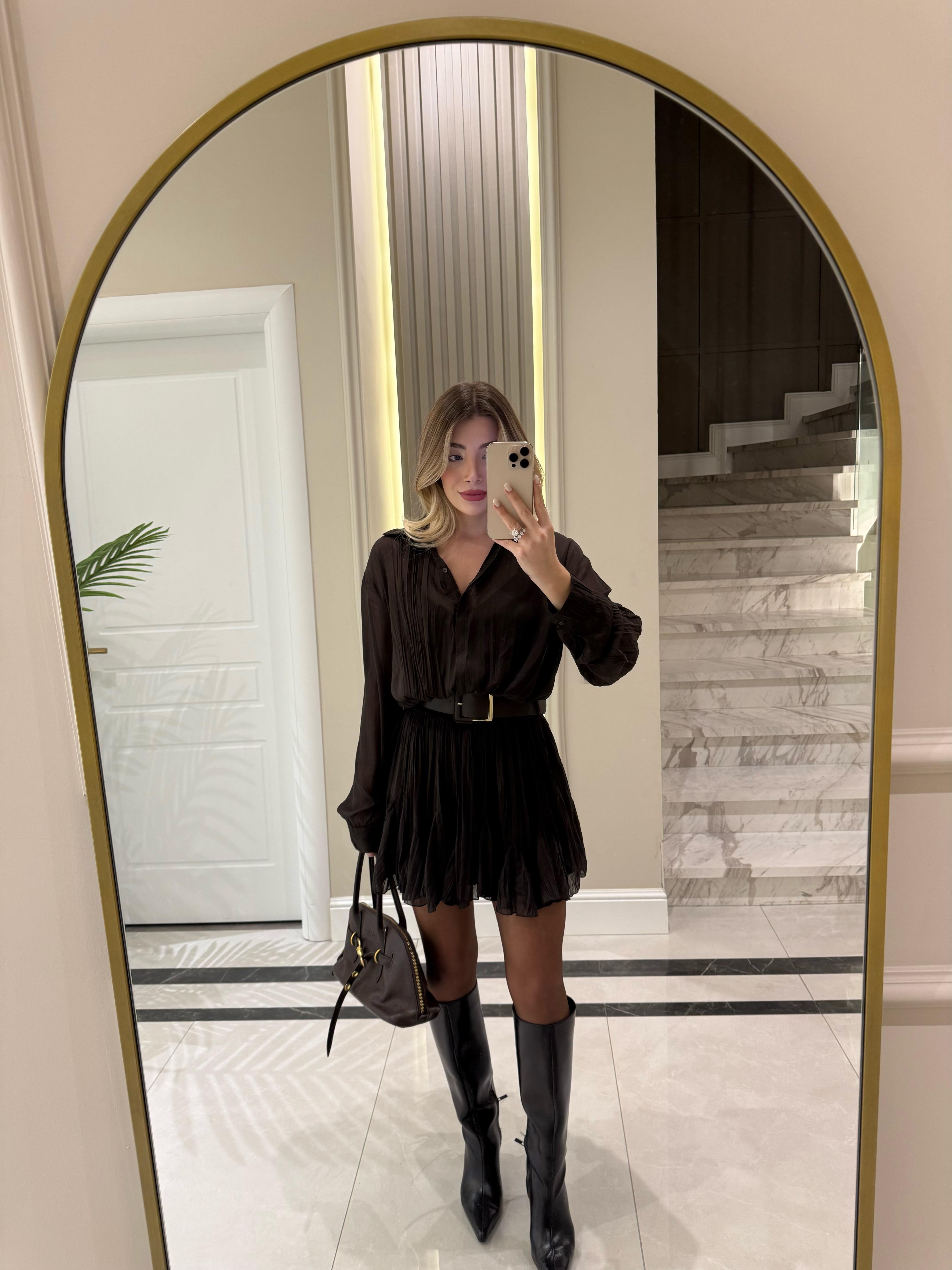 Kahverengi Piliseli Şifon Mini Elbise 35537