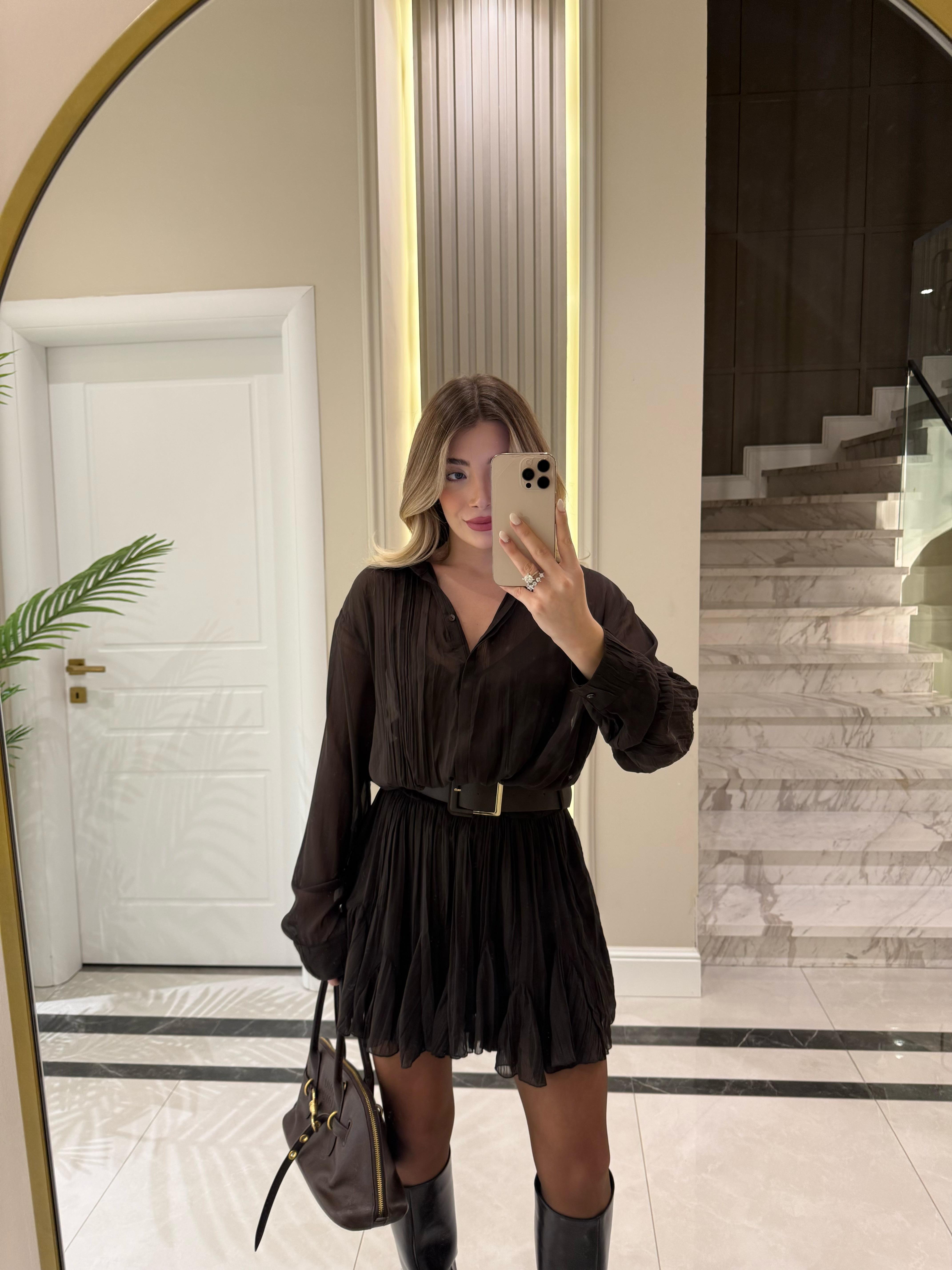 Kahverengi Piliseli Şifon Mini Elbise 35537